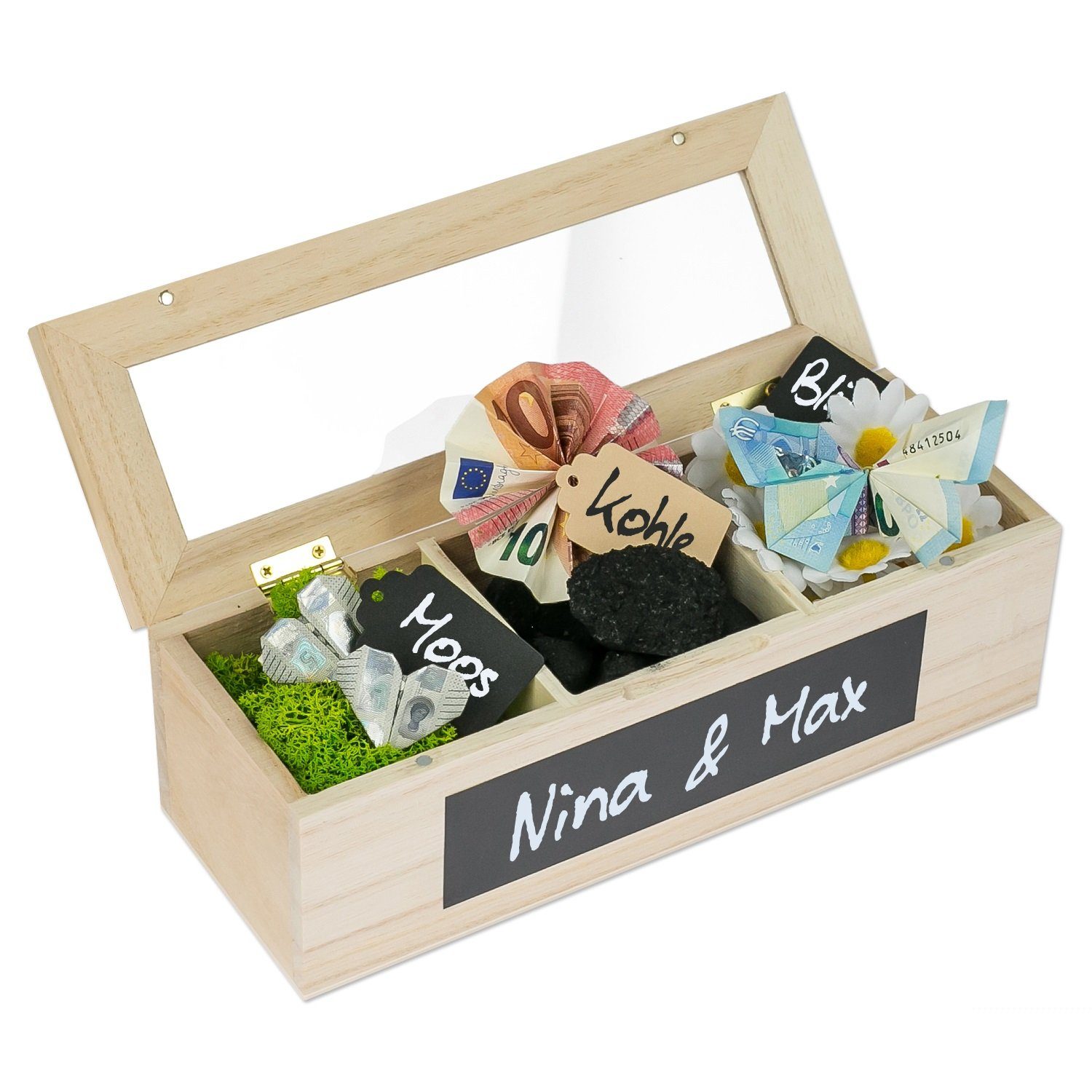 SURPRISA Geschenkbox Schotter Schatulle - kreative Verpackung für Geldgeschenke, Geschenkbox mit 3 Fächern zum Geburtstag, Abitur oder zur Hochzeit