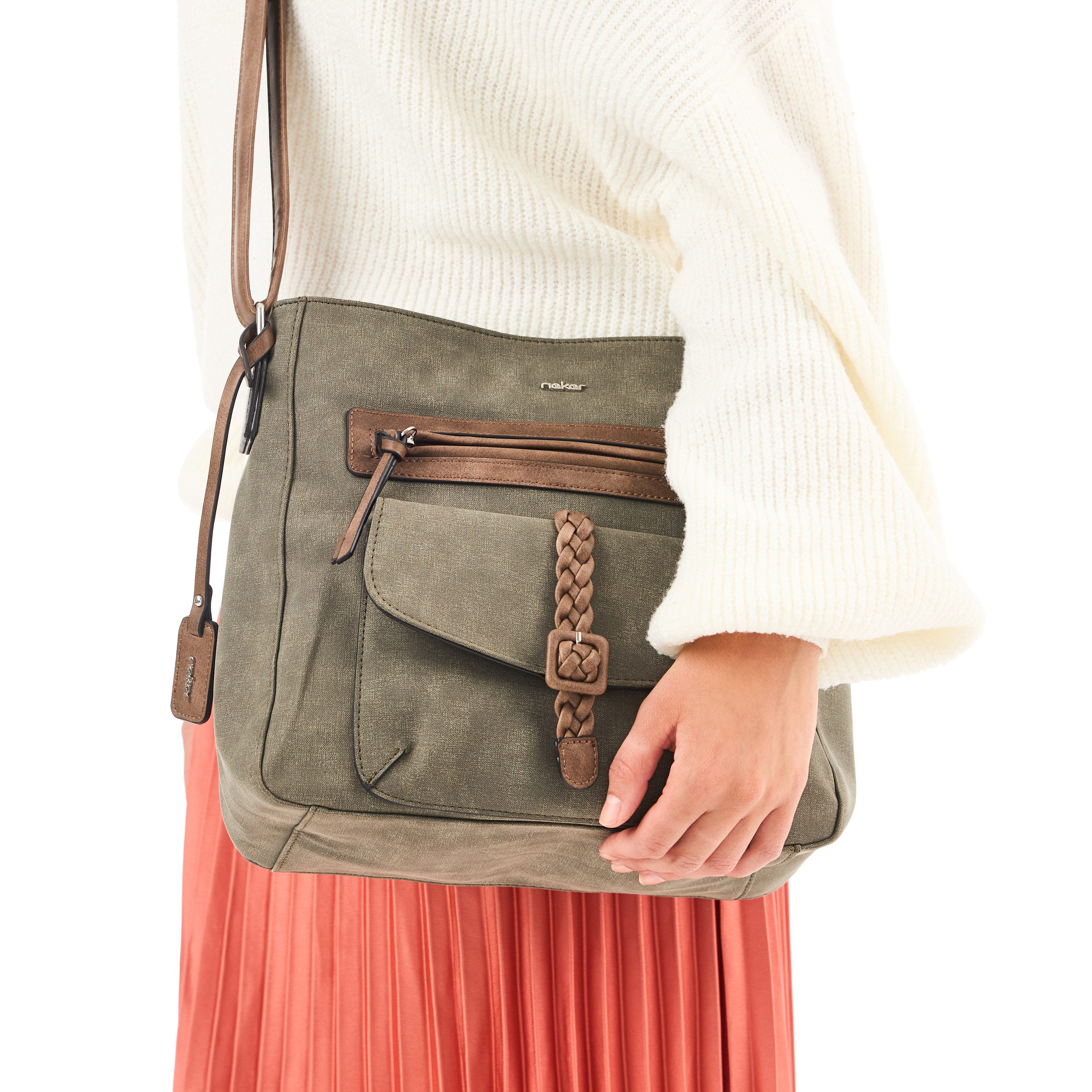 Rieker Umhängetasche Montenegro/Guana/Eagle, Damen Schultertasche, Handtasche mit Zierschnalle und Flechtband