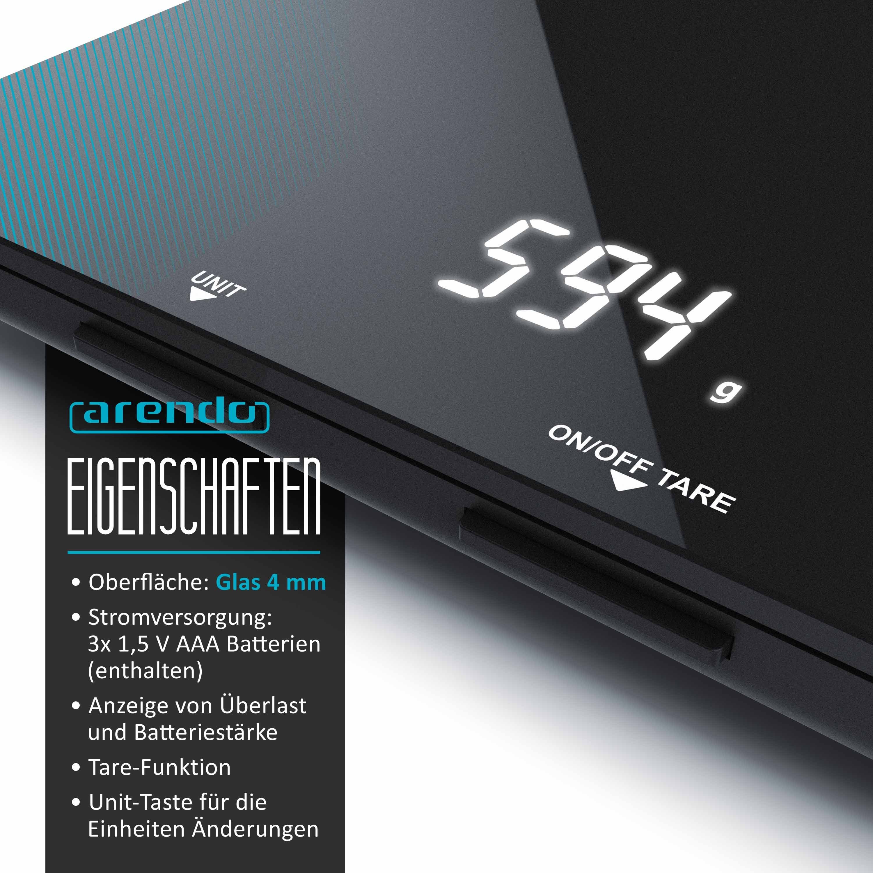 Arendo Küchenwaage digital mit Hochglanz Glasoberfläche, 19 x 16,5cm, LED Display, (1-tlg), 4mm Glas, Tara Zuwiegefunktion, Auto Off, bis 5000g 5kg, g/ml/oz/lb/fl