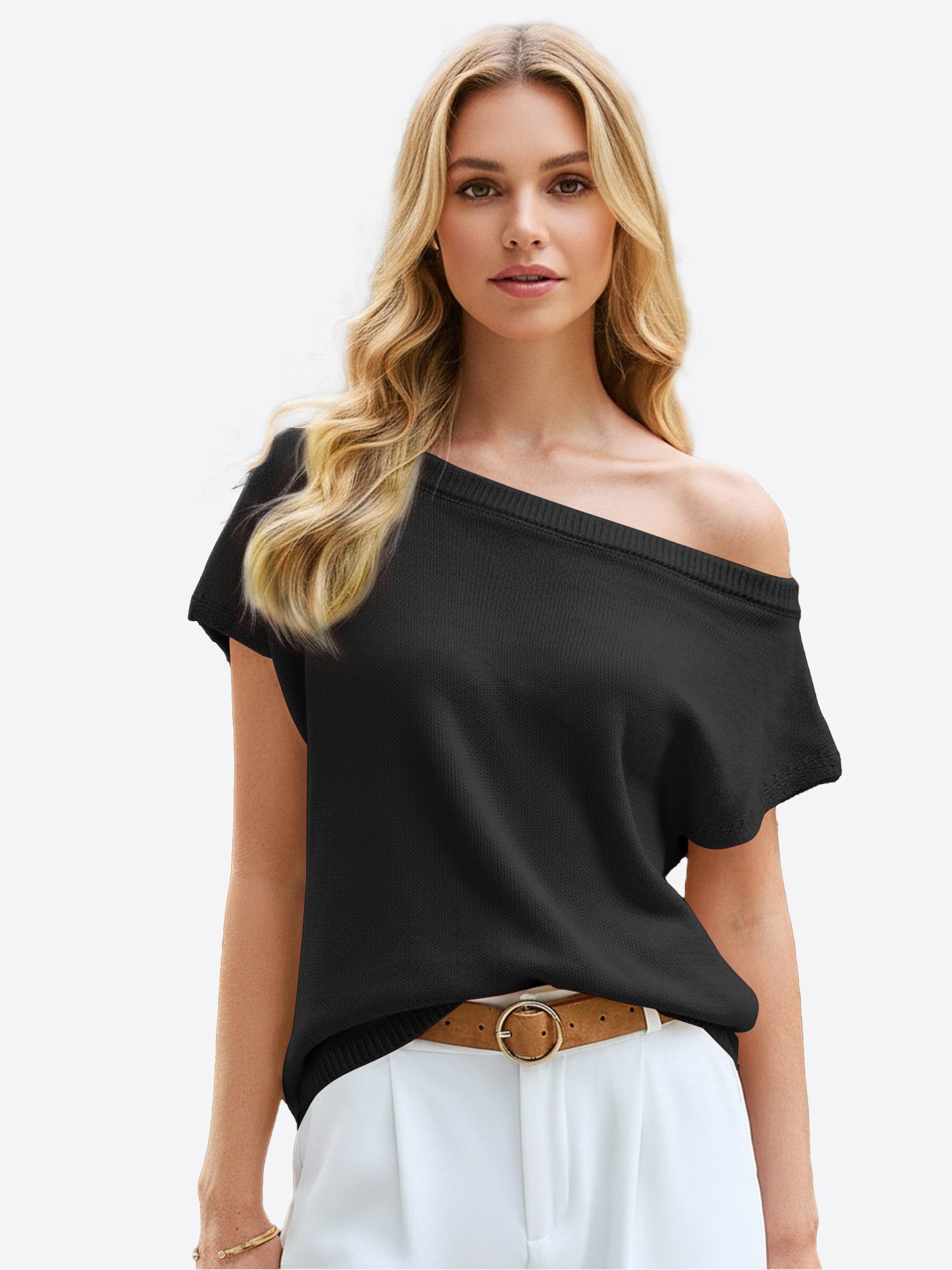 Imily Bela Stricktop Damen One-Shoulder Schulterfrei Kurzarm Rundhals Lässig Oberteil (Packung, 1-tlg., 1per-Pack) gehäkelt in Unifarbe