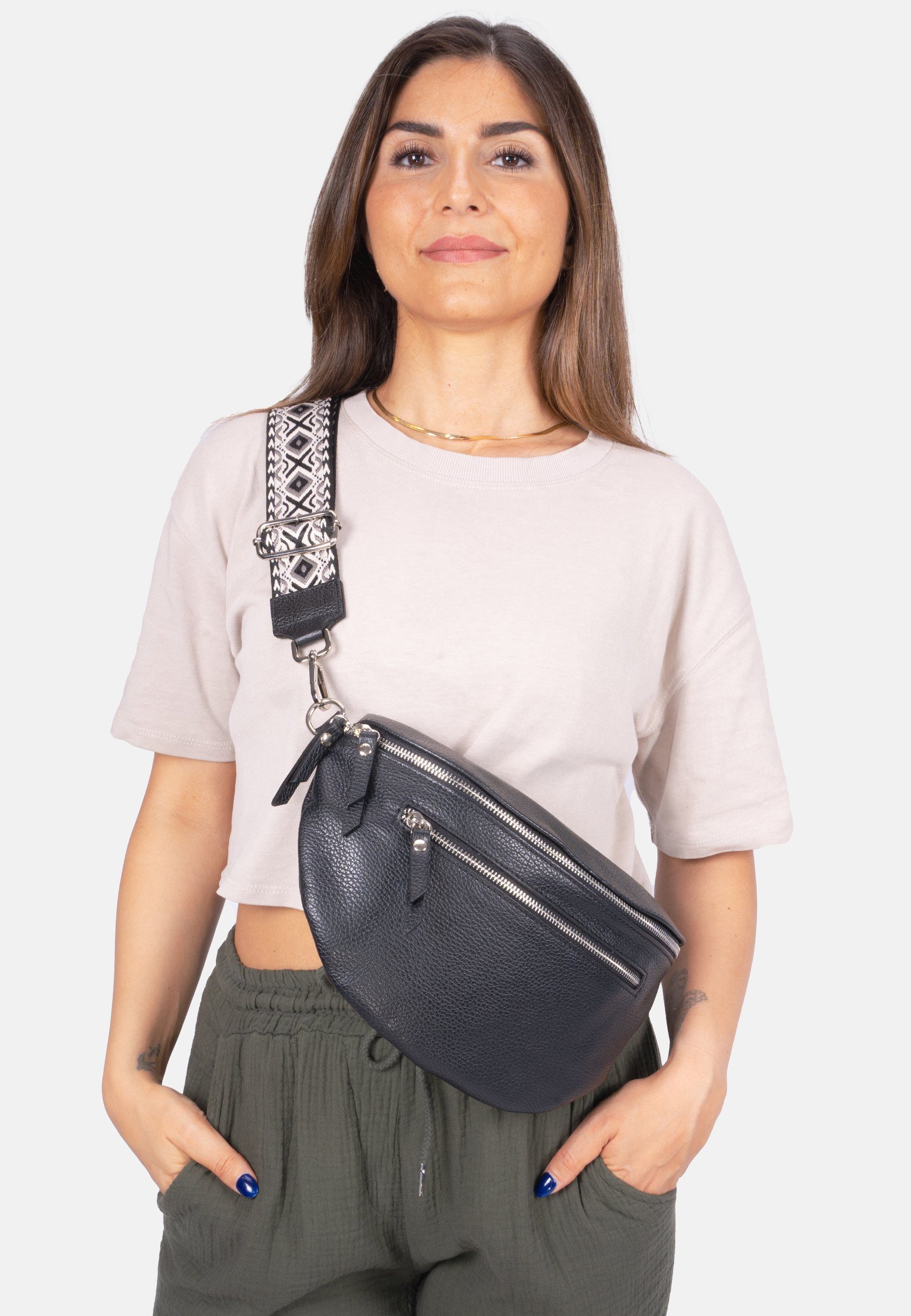 Seasons of April Umhängetasche Crossbody Bag Ella, Große Umhängetasche aus 100% Leder mit breitem Gurt und 2 Zipper