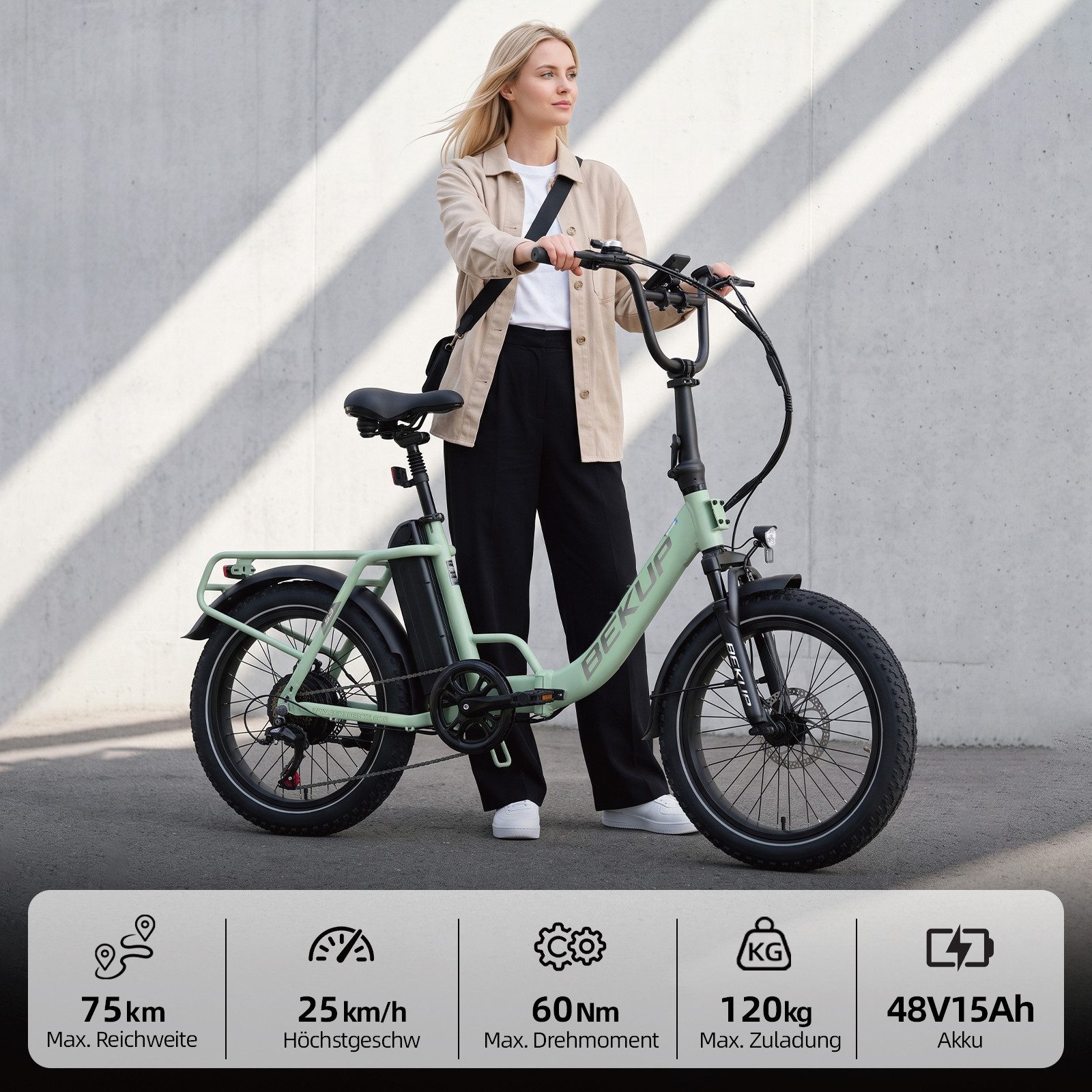 BEKUP E-Bike Klapprad S3 20 Zoll Fully Klapprad E‑Faltrad für Damen Herren, 720Wh, 60Nm, 7 Gang Shimano, Kettenschaltung, Heckmotor, 720 Wh, Elektrofahrrad Tief – Bild 4 von 5