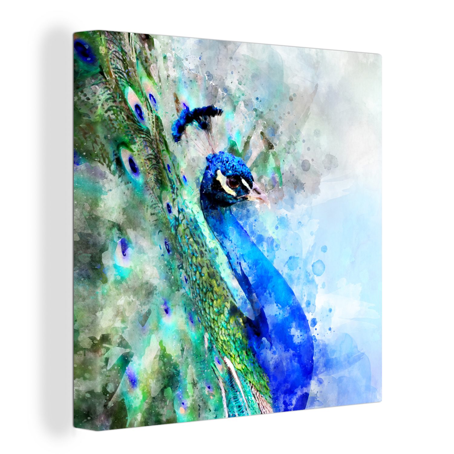 OneMillionCanvasses® Leinwandbild Aquarell - Pfau - Blau, (1 St), Leinwand Bilder für Wohnzimmer Schlafzimmer