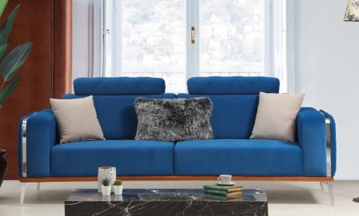 Casa Padrino Sofa Luxus Wohnzimmer Sofa mit verstellbarer Rückenlehne Blau / Braun / Silber 225 x 95 x H. 89 cm - Luxus Wohnzimmer Möbel