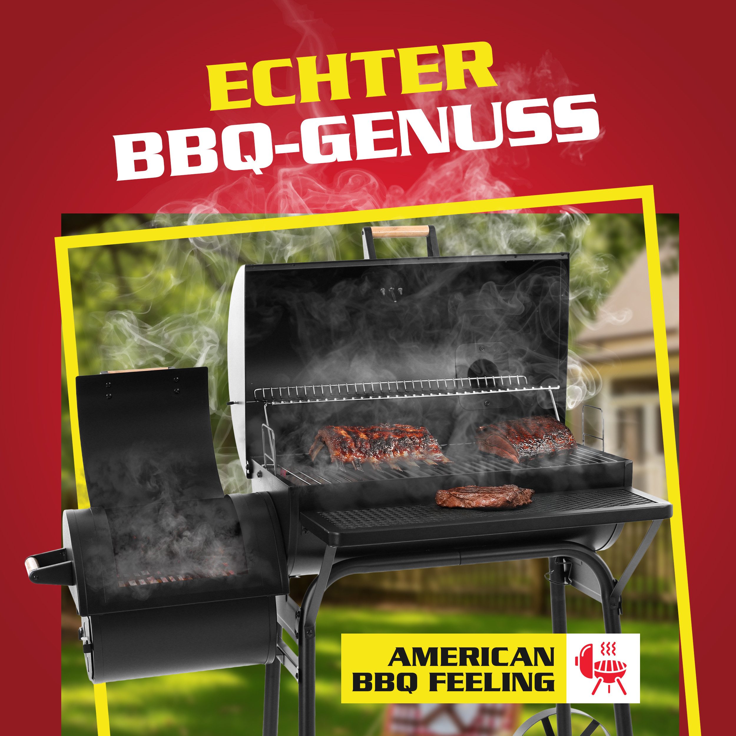 Hecht Smoker Grillwagen Holzkohlegrill XXL mit Thermometer 2 Brennkammern, mit Deckel, Porzellanbeschichtet
