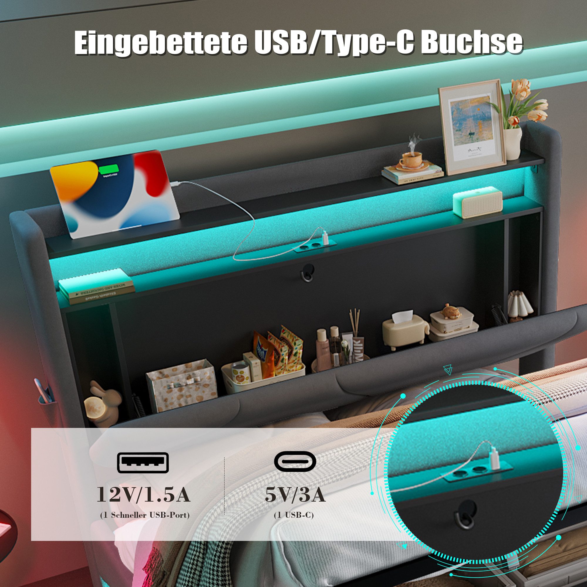 KLAM HOME Polsterbett 140x200 & 160x200 cm mit Lattenrost, USB Type-C Ladefunktion Stauraum mit klappfunktion, Stauraum-Kopfteil – Bild 5 von 5