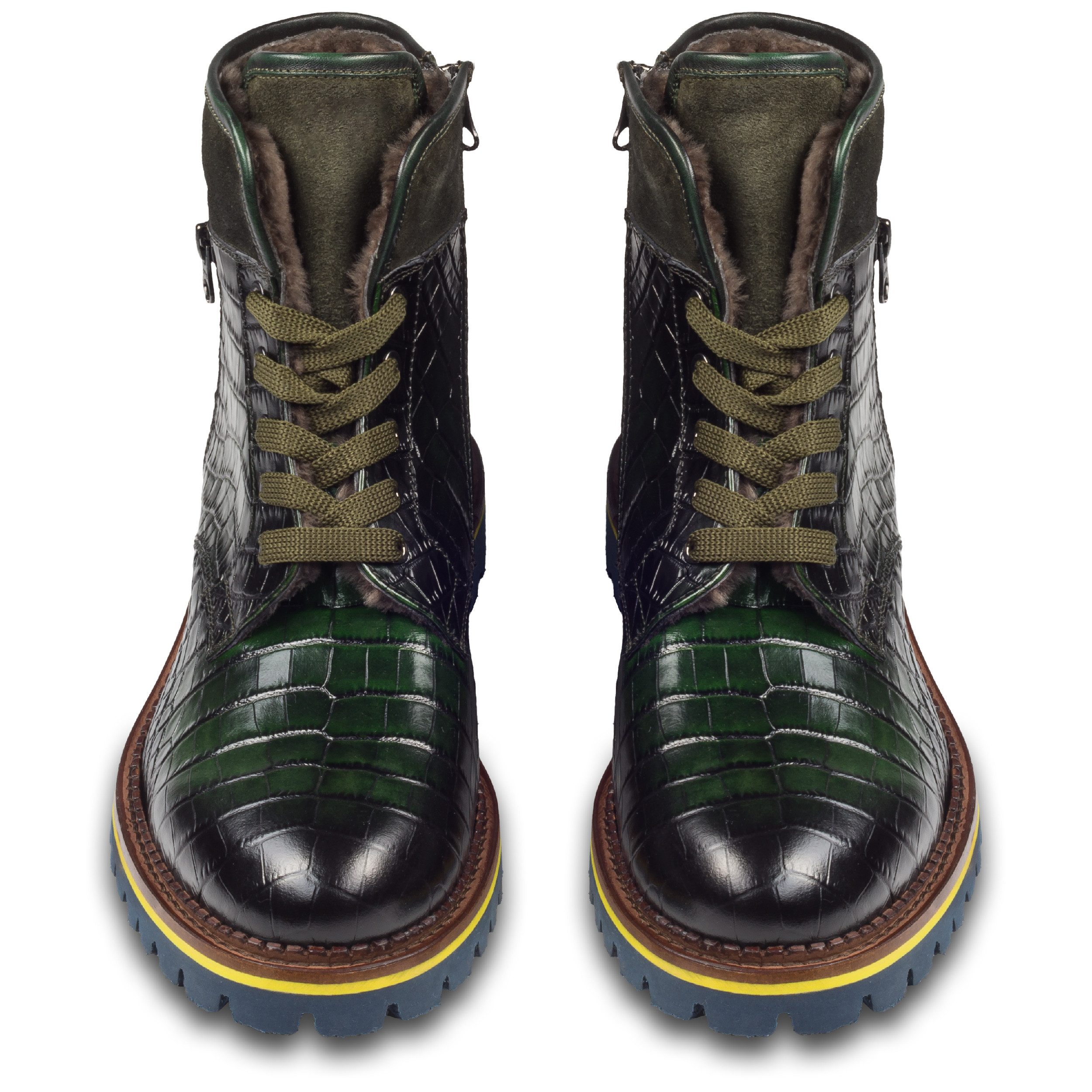 Lorenzi Lorenzi Herren Schnür-Boots grün, Lammfell, Leder Reptil-Prägung Stiefelette Handgefertigt in Italien