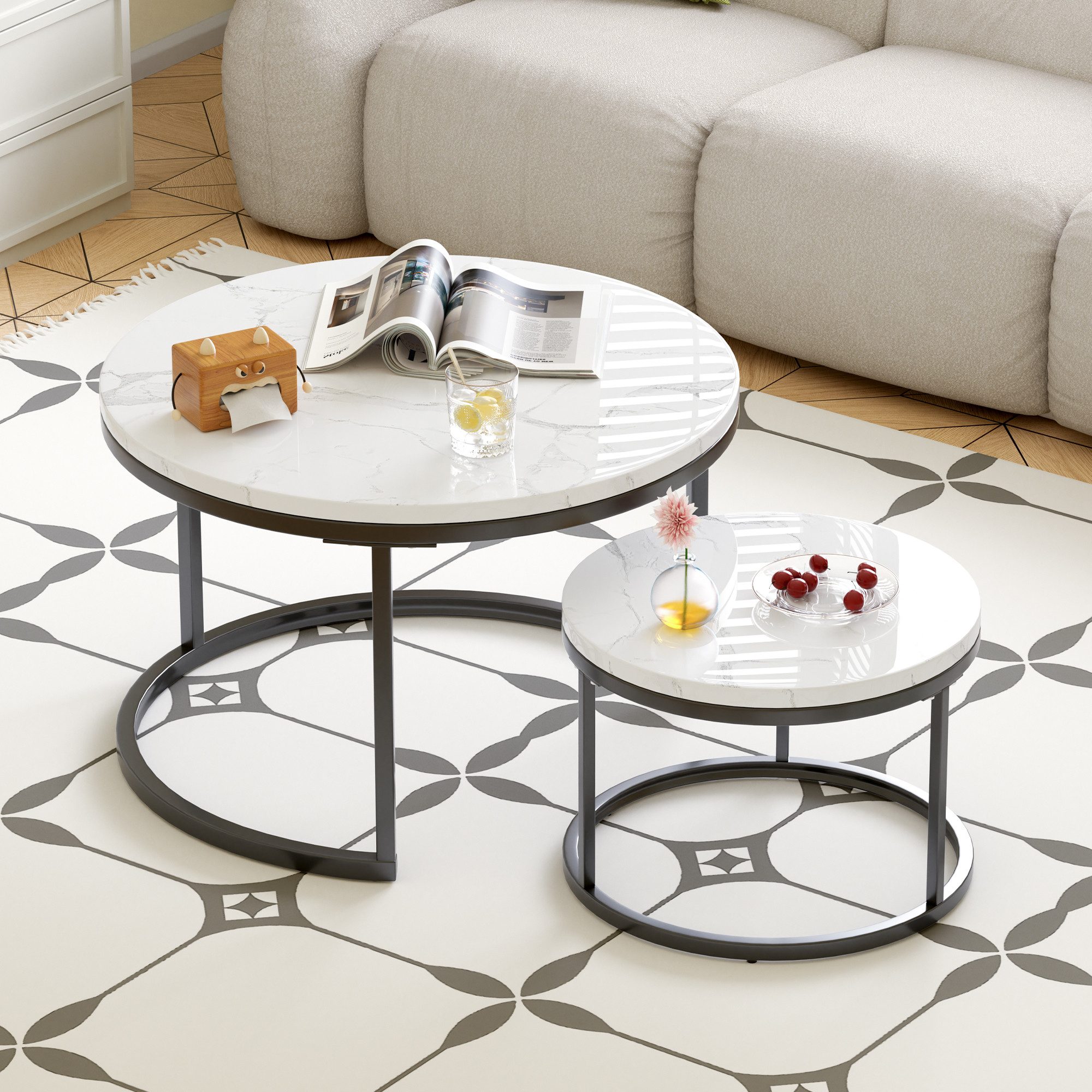 HAUSS SPOLE Couchtisch 2er-Satztisch stapelbarer Kaffeetisch Nestingtische mit Metallrahmen (Marmoroptik minimalistisch Ablagetisch für Wohnzimmer, Beistelltisch 70×70×45cm und 45×45×35), Sofatisch platzsparend unterstellbar flexibel ausziehbar Funktion