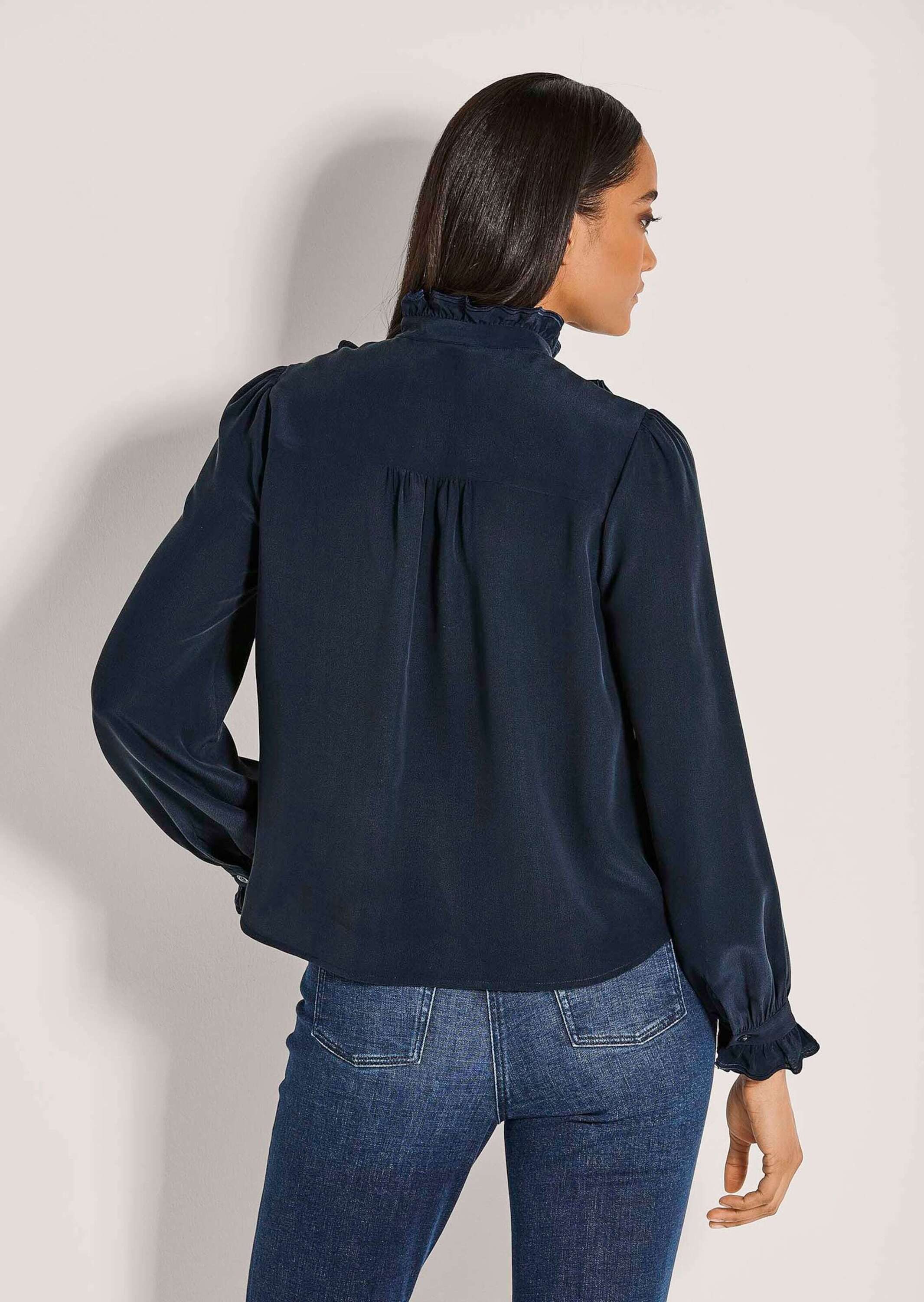 MADELEINE Langarmbluse Langarmbluse mit Stehkragen Viskosebluse mit bestickten Rüschenbändern und Stehkragen