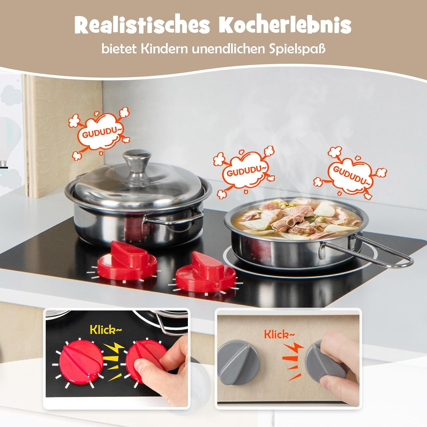 KOMFOTTEU Spielküche Kinderspielküche Holzküche, mit Mikrowelle & Dunstabzugshaube & Herd & Spüle & Backofen