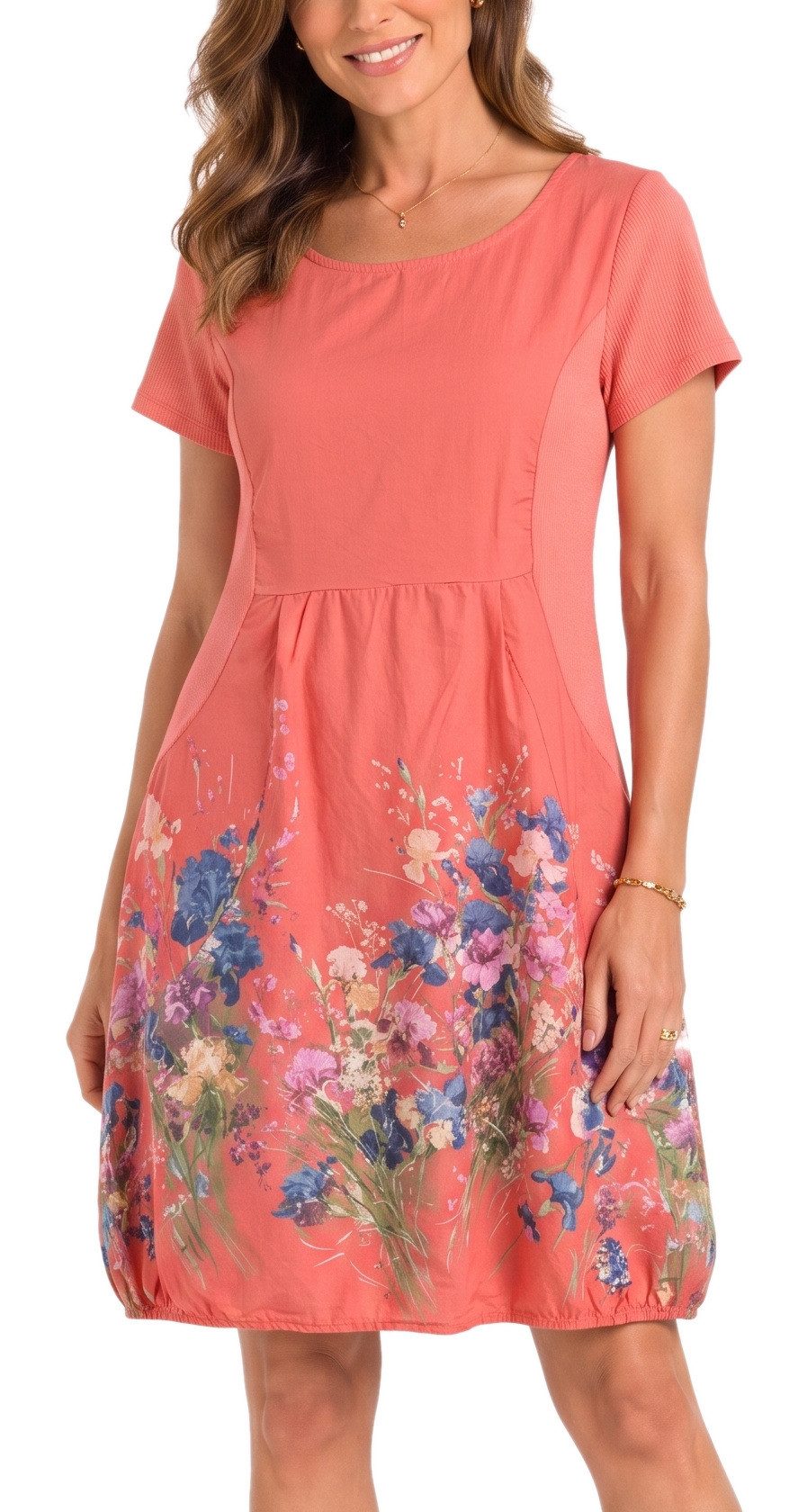 dy_mode Midikleid Damen Sommerkleid mit Blumenmuster Ballonkleid kurzarm Kurzarmkleid Leicht tailliert, 95 cm lang, Blumen-Print