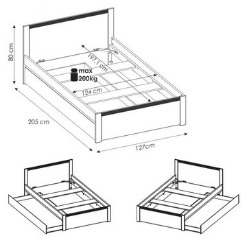 Lomadox Bett NAVA-129, Bett, Bettschublade, 120x200cm Liegefläche, weiß