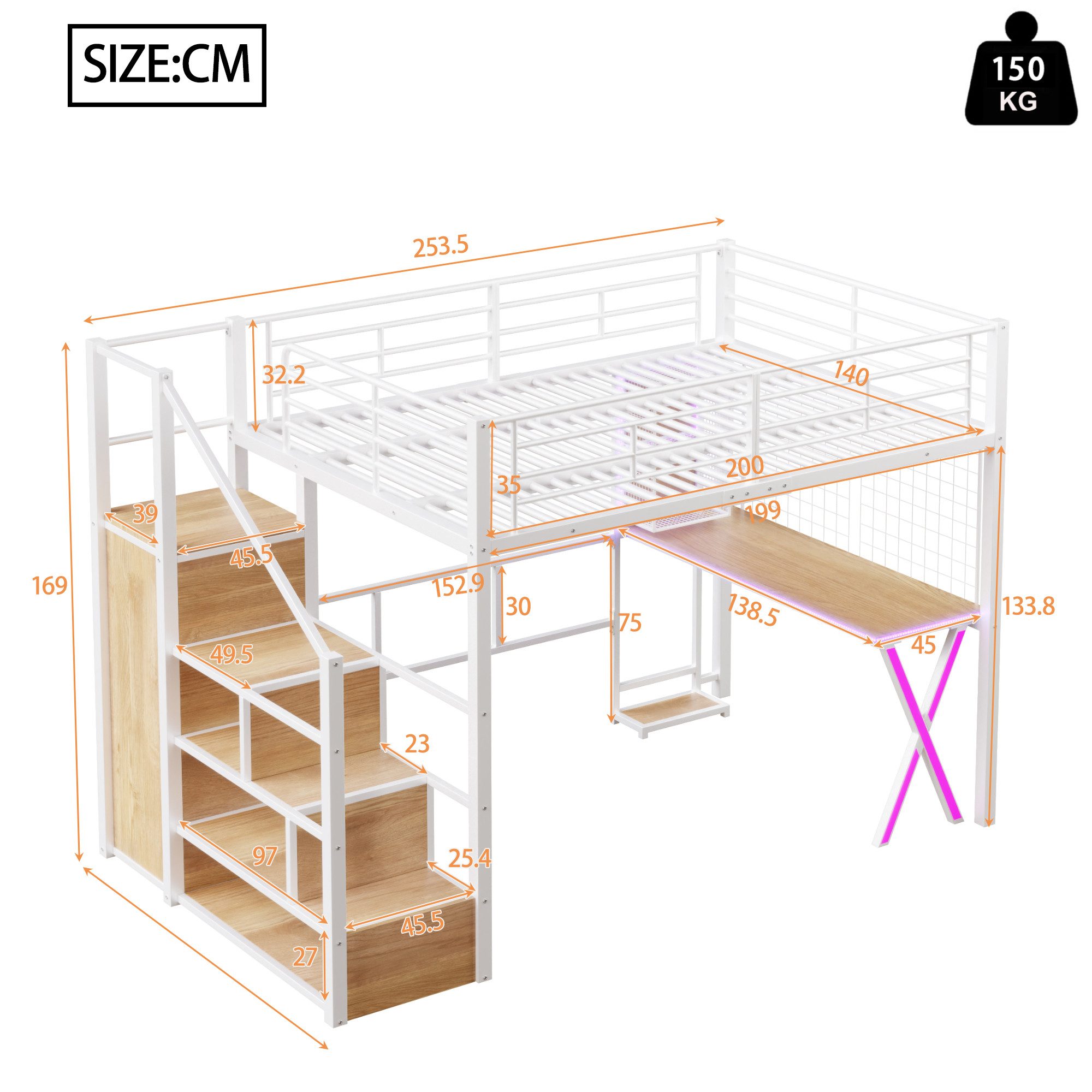 TavilaEcon Hochbett mit Ambientelicht, Ablageleiter, Schreibtisch günstig online kaufen