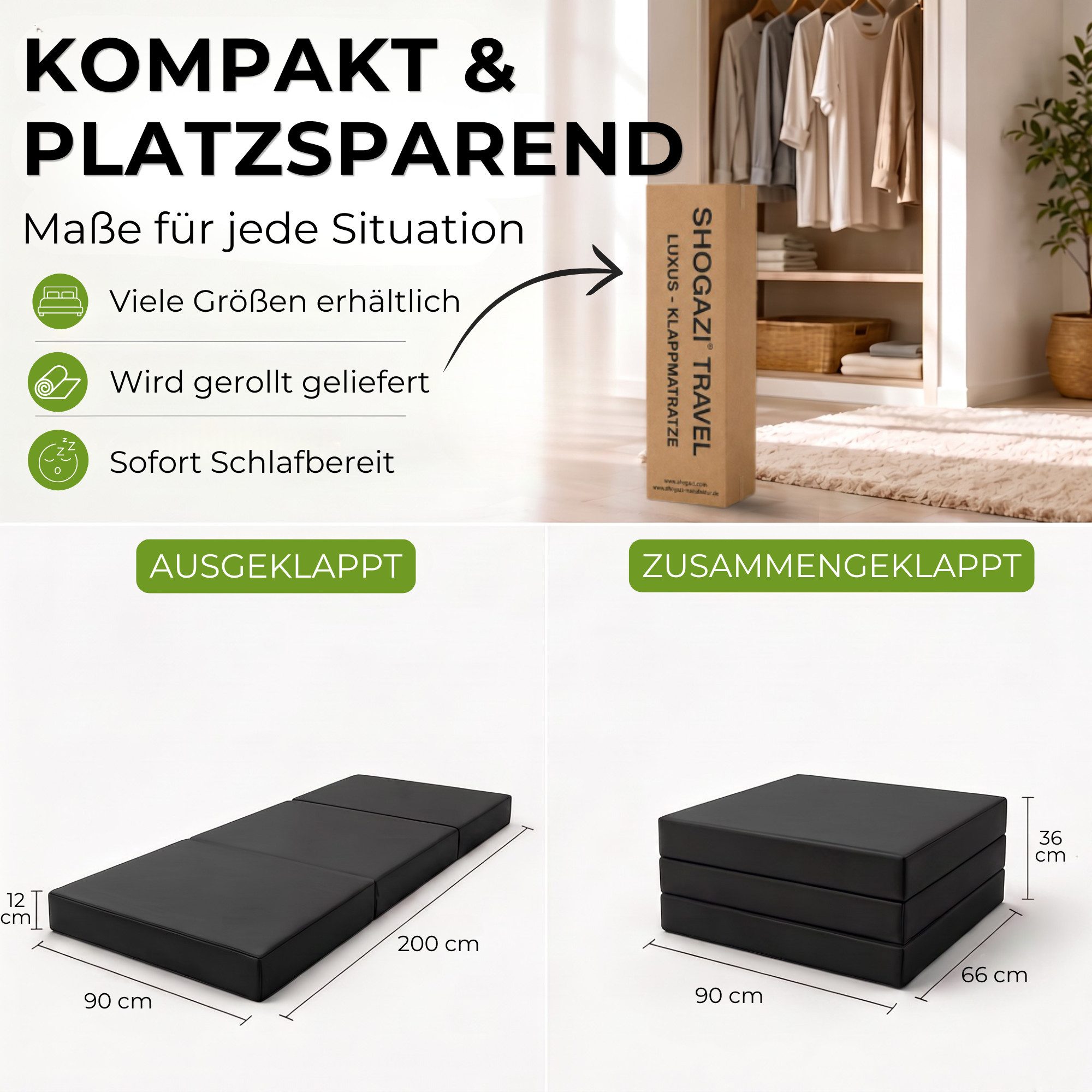 Klappmatratze Faltmatratze, Gästematratze, Gästebett, shogazi ®, 12 cm hoch, MADE IN GERMANY