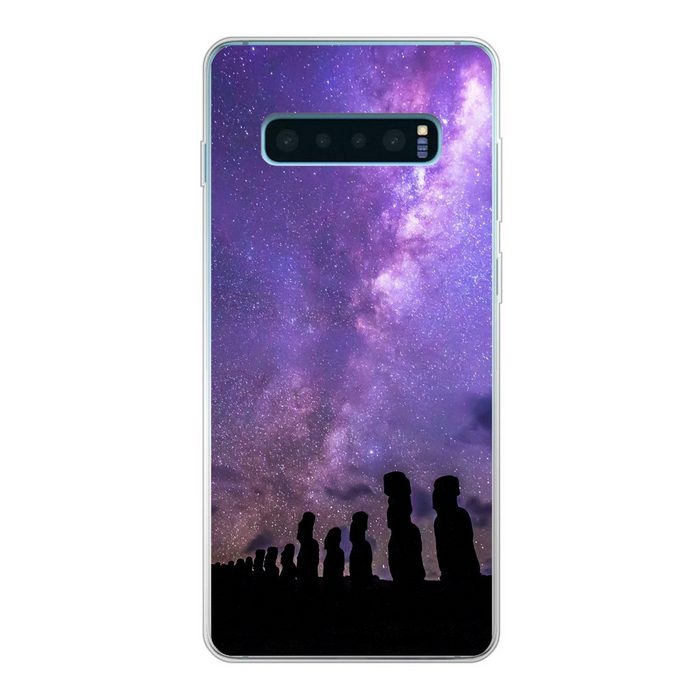 MuchoWow Handyhülle Sternenhimmel über den Moai-Statuen auf Rapa Nui Phone Case Handyhülle Samsung Galaxy S10+ Silikon Schutzhülle