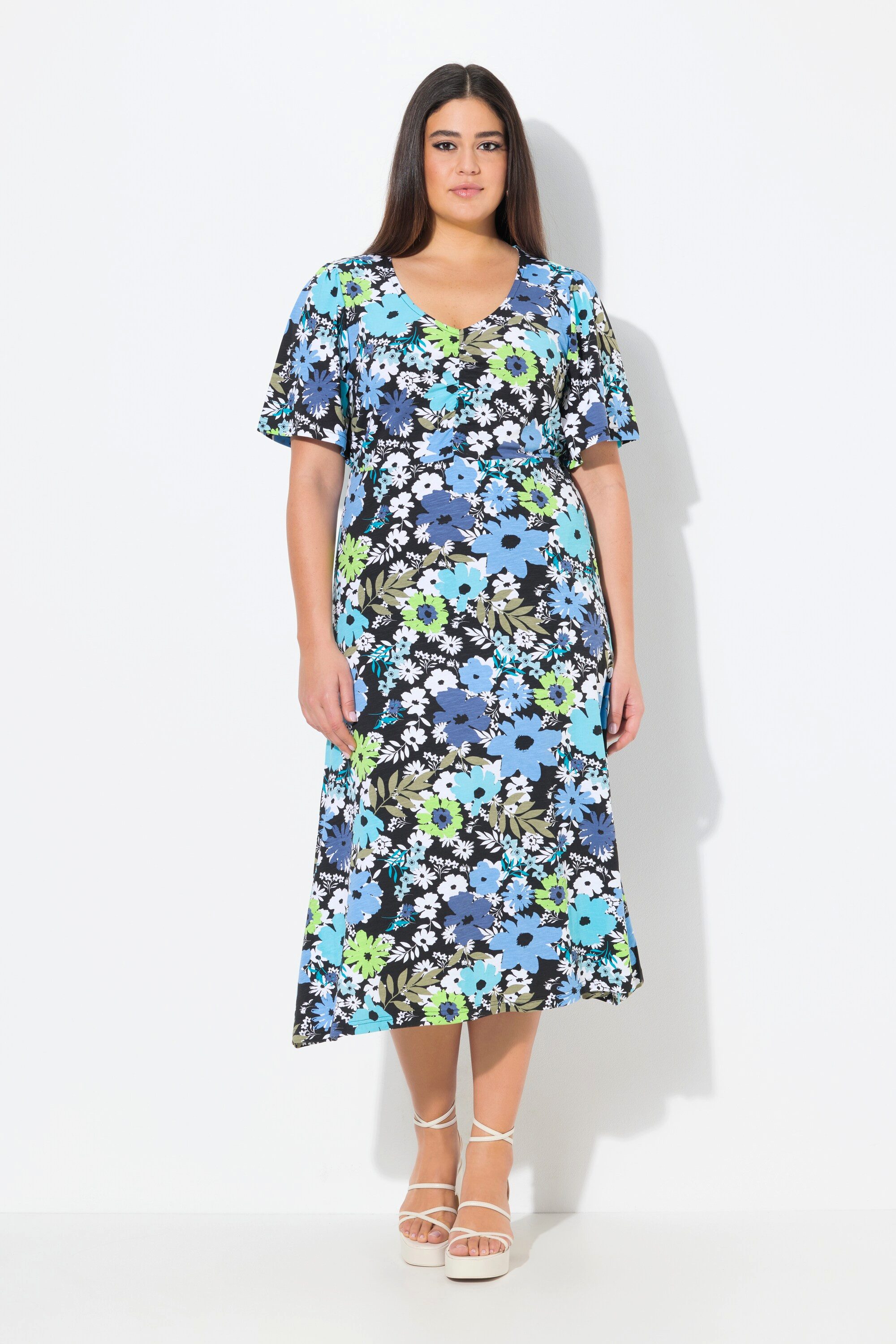 Ulla Popken Jerseykleid Jersey-Midikleid A-Linie V-Ausschnitt Halbarm günstig online kaufen