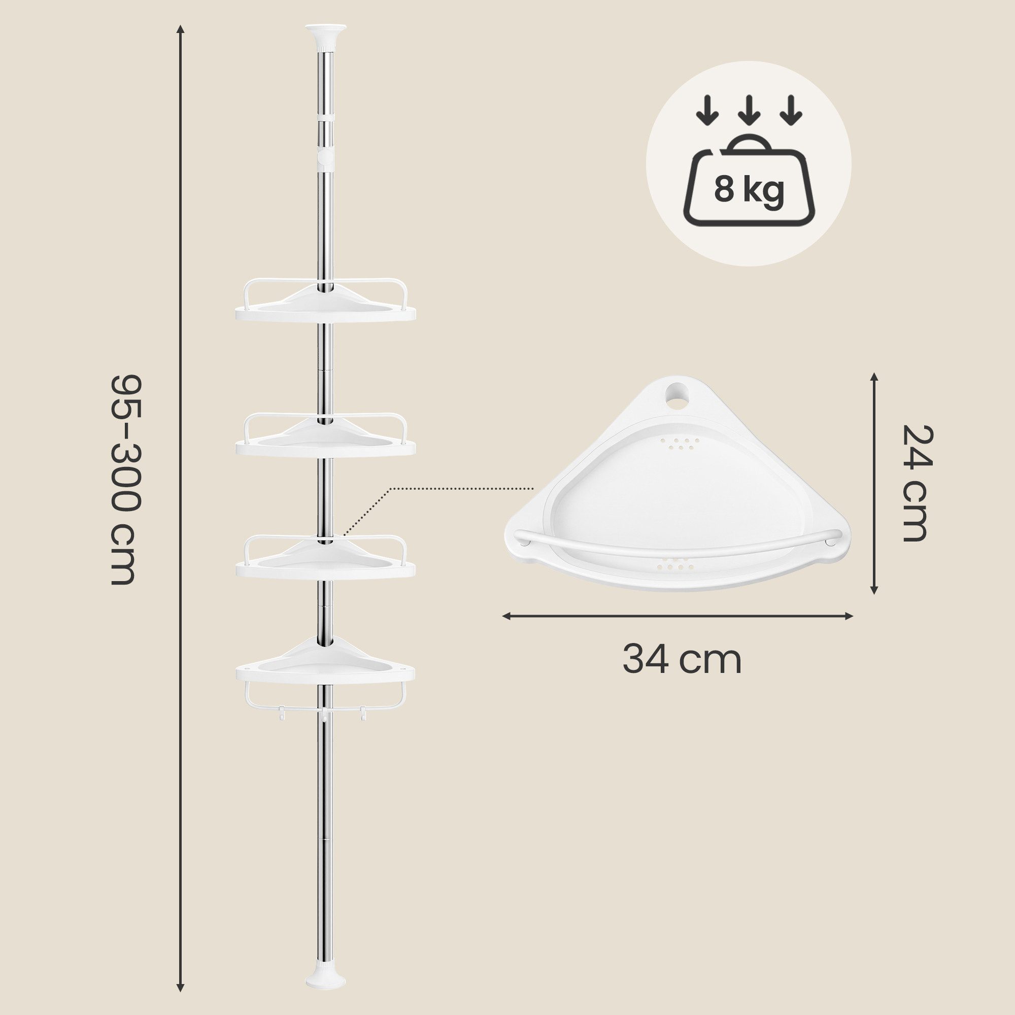 SONGMICS Duschablage Duschregal, höhenverstellbar, 95-300 cm, 4 Ablagen, 3 Haken, Eckregal