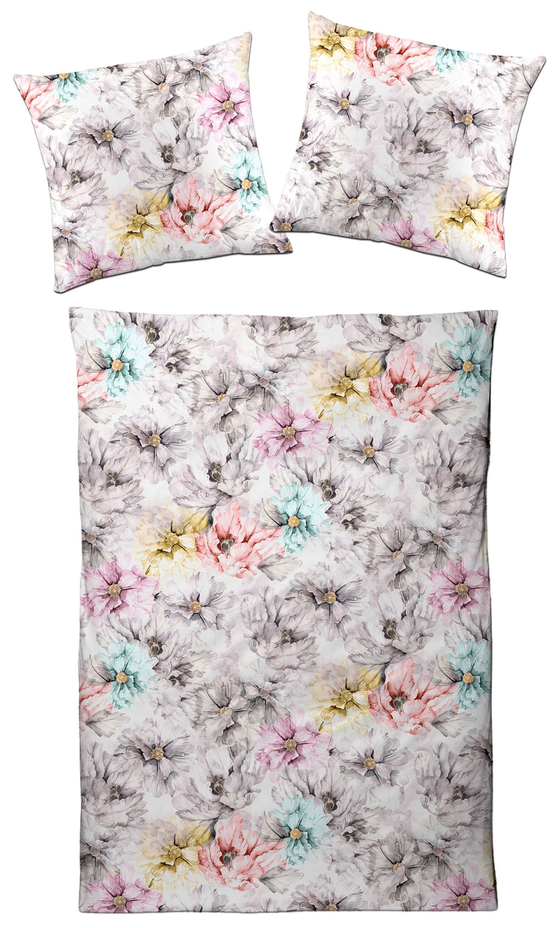 Traumschloss Bettwäsche Interlock Jersey, Interlock Jersey, 2 teilig, Große Blüten in Aquarelloptik auf hellem Hintergrund