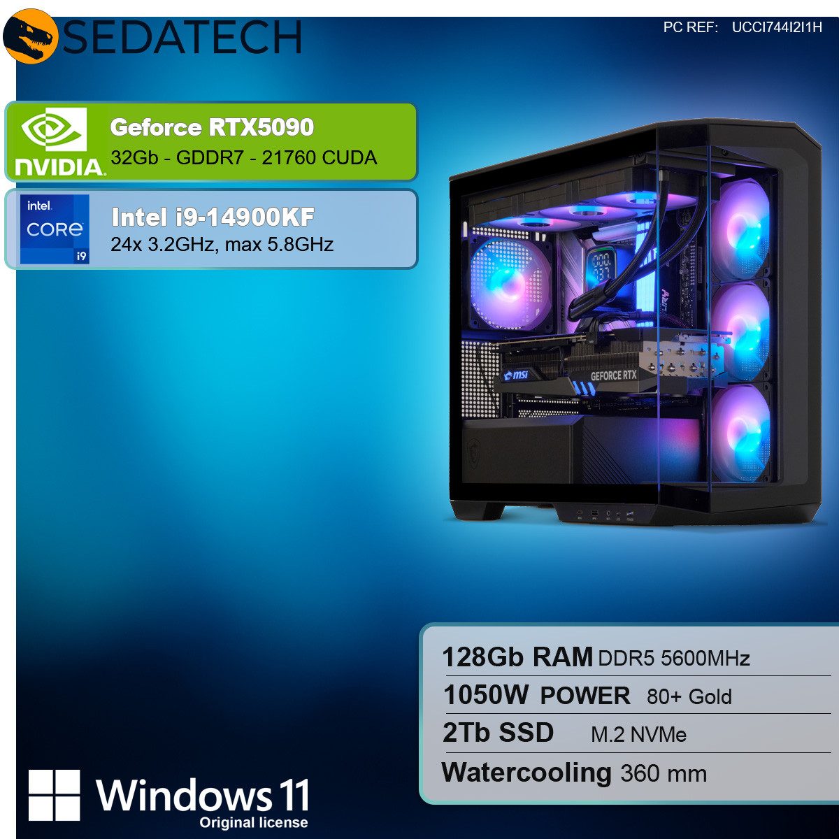 Sedatech UCCI744I2I1HF - Watercooling Gaming-PC (Intel Core i9 14900KF 24x 3.2GHz (max 5.8GHz), Geforce RTX5090 32GB, 128 GB RAM, 2000 GB SSD, Watercooling, Wlan 6E)