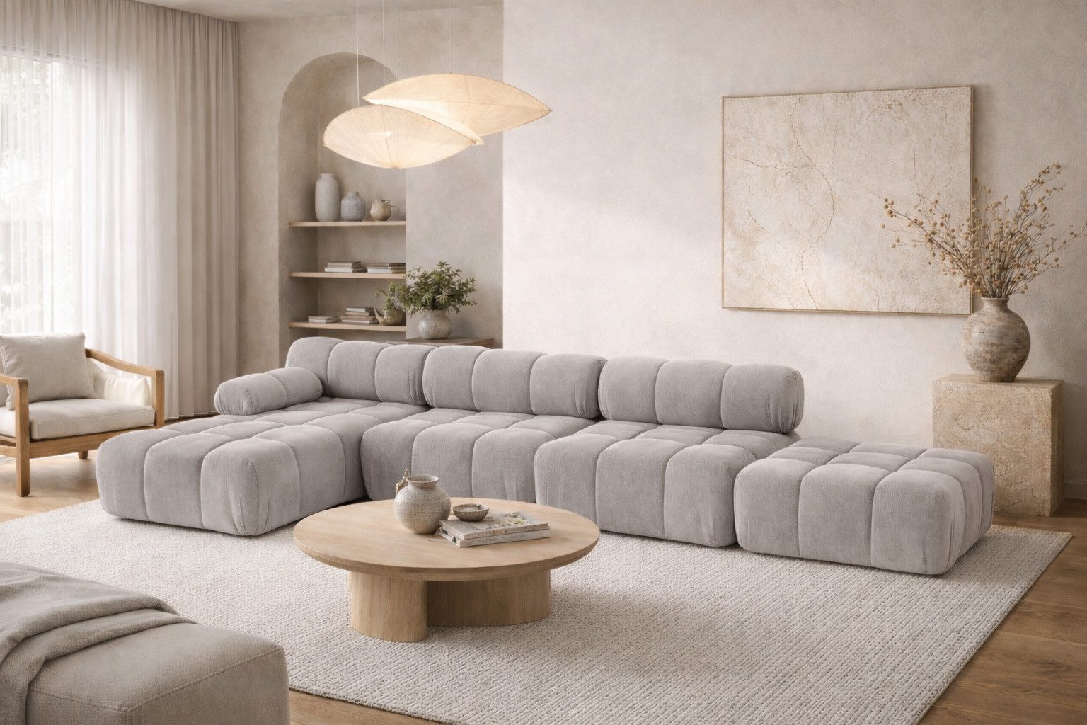 Ecksofa XL mit Pouf modern für Wohnzimmer, Stoff Velours Salvador, SELIA