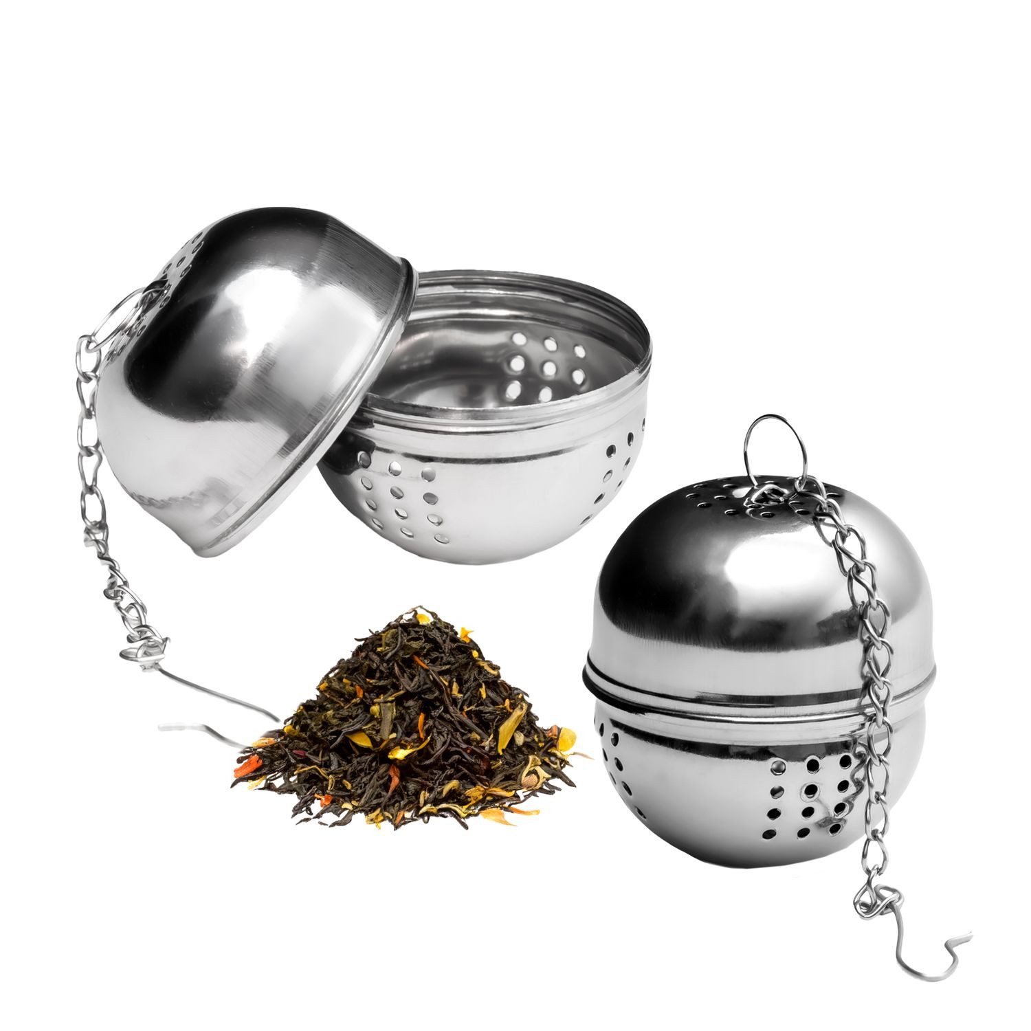 Intirilife Teesieb, Edelstahl, (Set, 2-St), Tee-Ei 2er Set Edelstahl Teesieb mit Kette loser Tee, Kräuter Gewürze