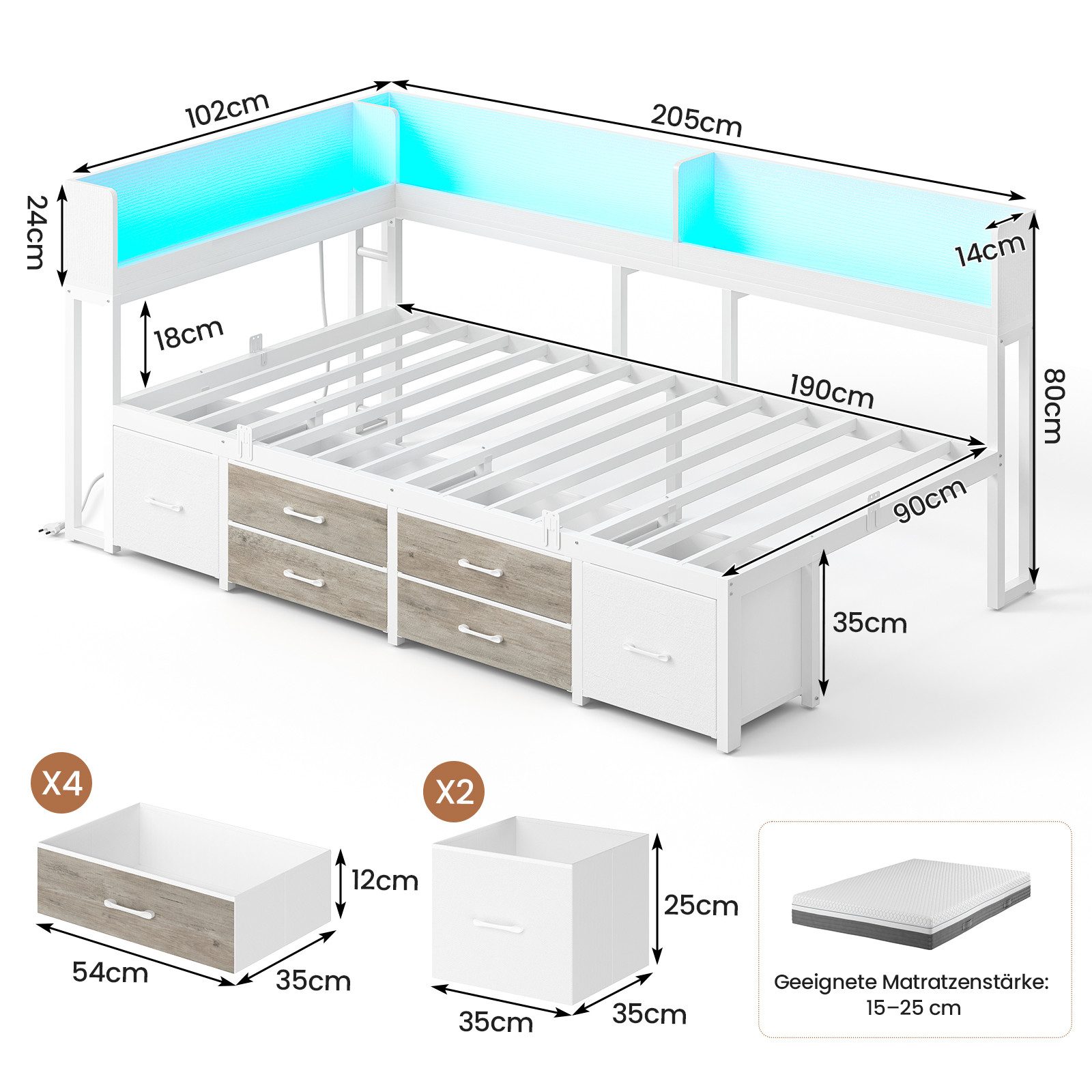 MSMASK Daybett Schlafsofa mit LED-Beleuchtung & Ladestation, Jugendbett Kinderbett, mit Integriertem Bücherregal & 6 Schubladen, 90x190cm