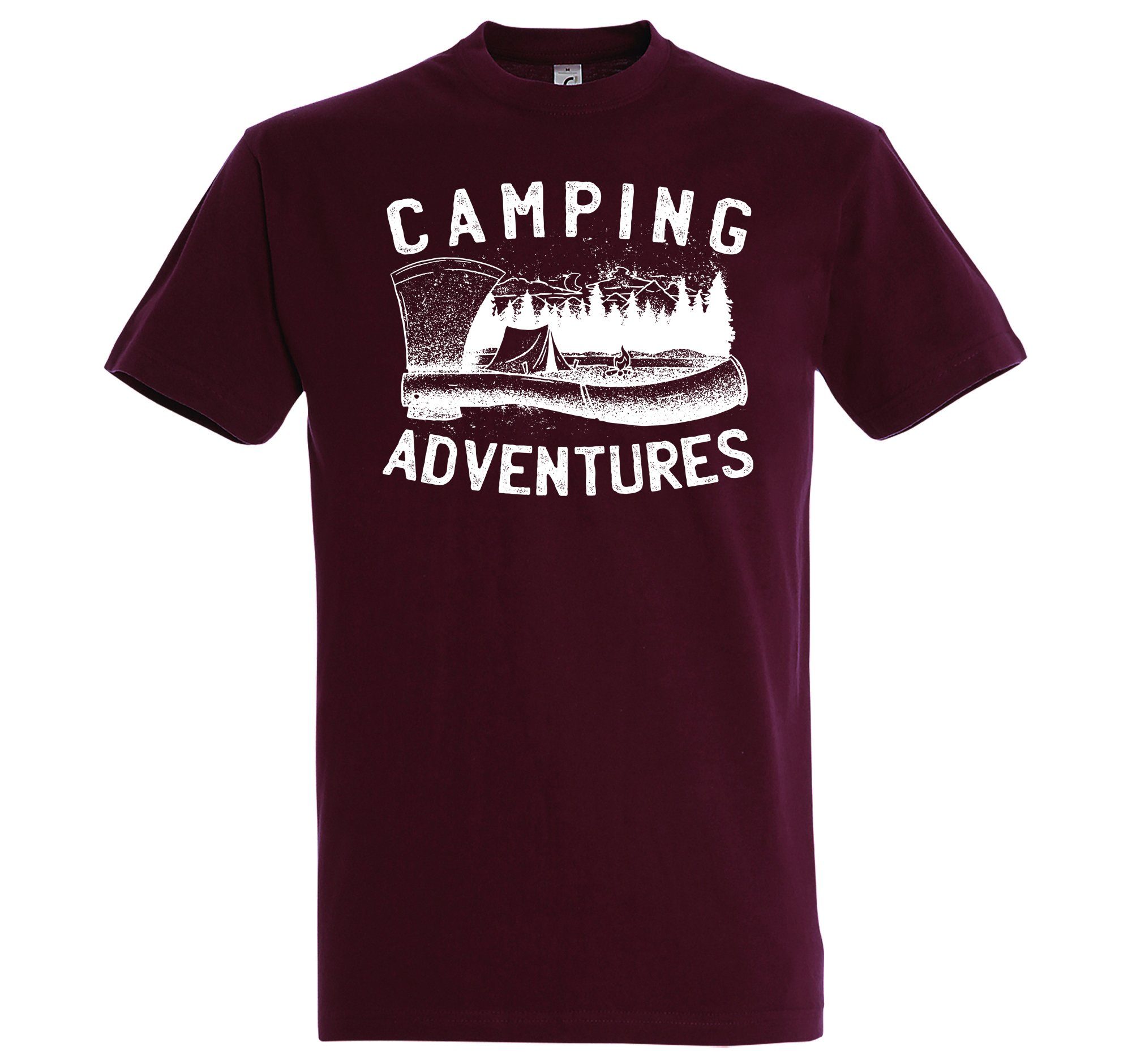 Designz Camping Burgund Youth T-Shirt T-Shirt Herren Frontprint mit Adventures trendigem