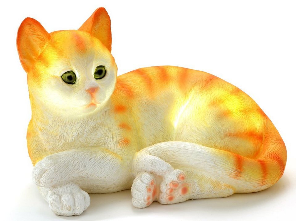 JOKA international LED Solarleuchte liegendes Kätzchen Rot Weiß,  Solarleuchte liegende Katze Orange Weiß