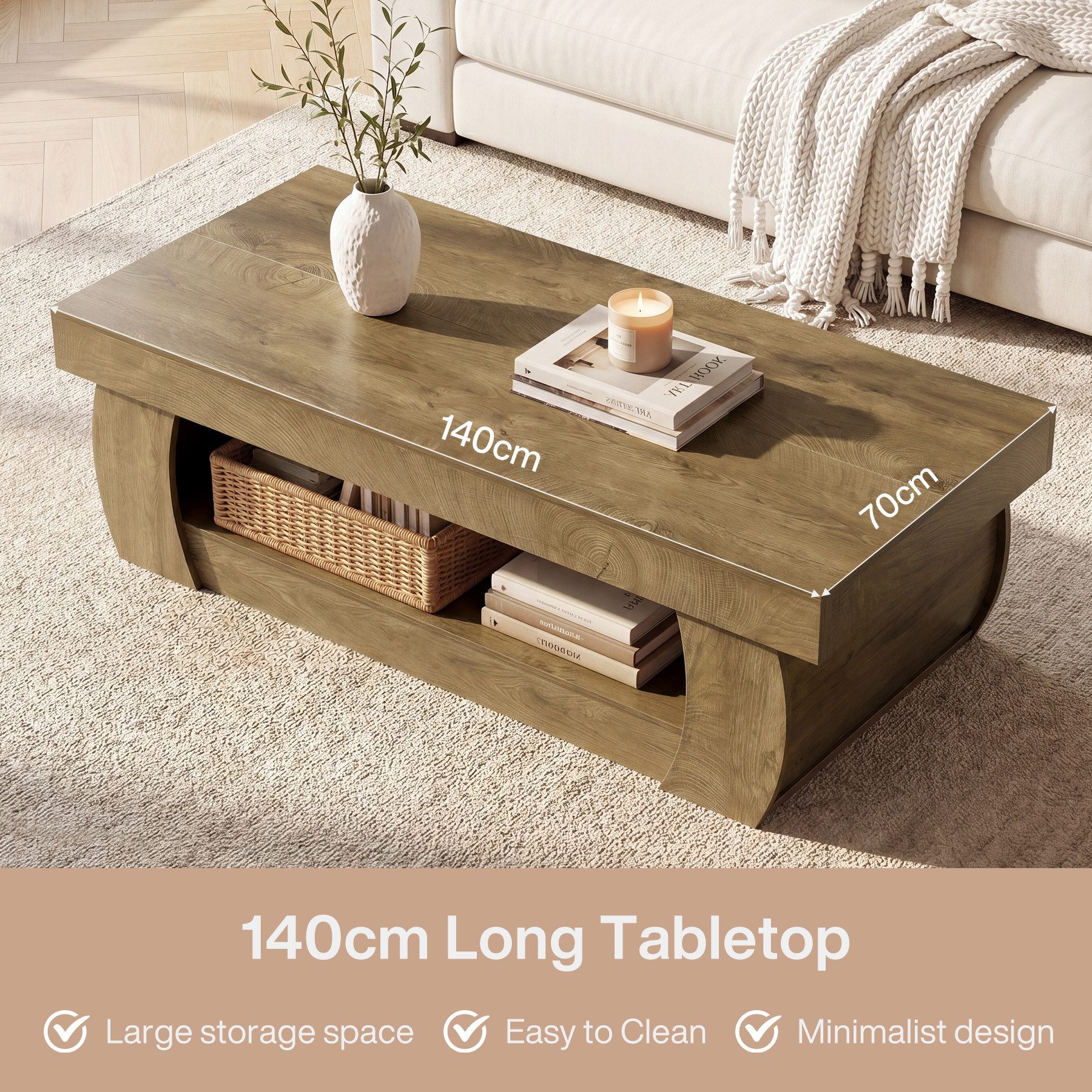 Tribesigns Couchtisch 140 cm Rechteckiger Couchtisch mit Ablage, 2 Ebenen Wohnzimmertisch (Packung, Großer Sofatisch Holz für Wohnzimmer, Rustikal Braun), 2 Ebenen Wohnzimmertisch im Landhausstil
