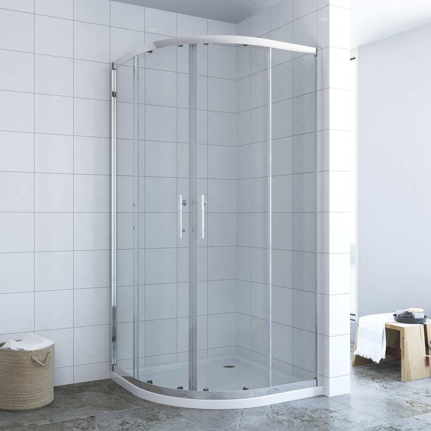 AQUALAVOS Runddusche Eckdusche Viertelkreis-Duschkabine mit Schiebetüren Höhe 185/195 cm, BxT: 80x80 cm, Einscheiben-Sicherheitsglas (ESG) 6 mm mit Lotus-Effekt Nano Beschichtung, Chromoptik Einfaches Rollen Befestigungssystem Rechts/Links Montage
