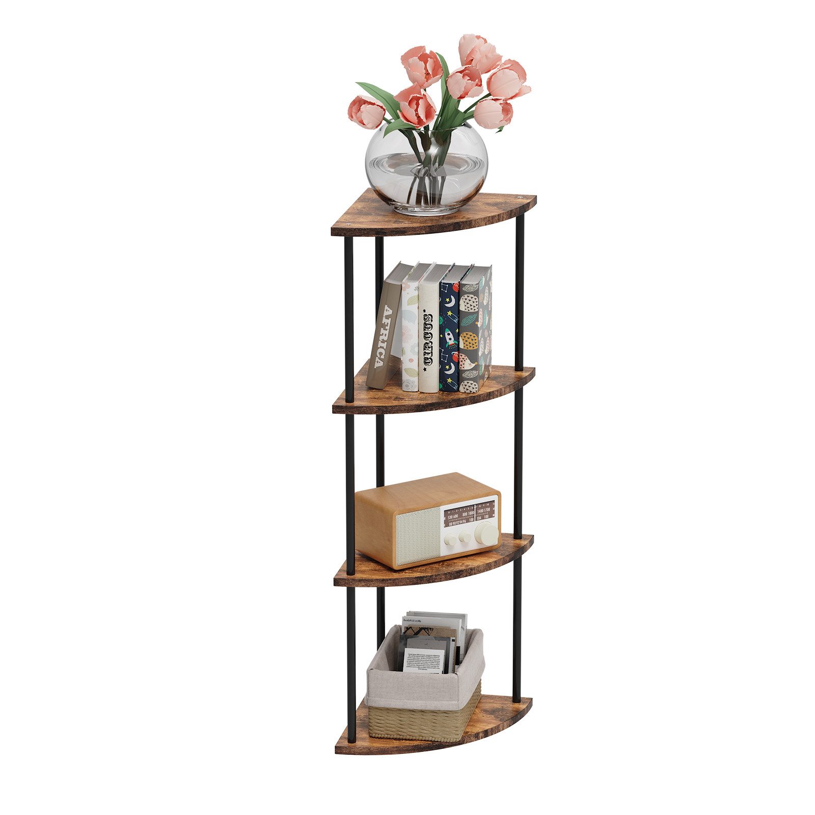 JEOBEST Eckregal Bücherregal mit 4 Ebenen, Aufbewahrungsregal, Pflanzenregal, H: 93cm, Industrial-Design, mit Stahlrahmen