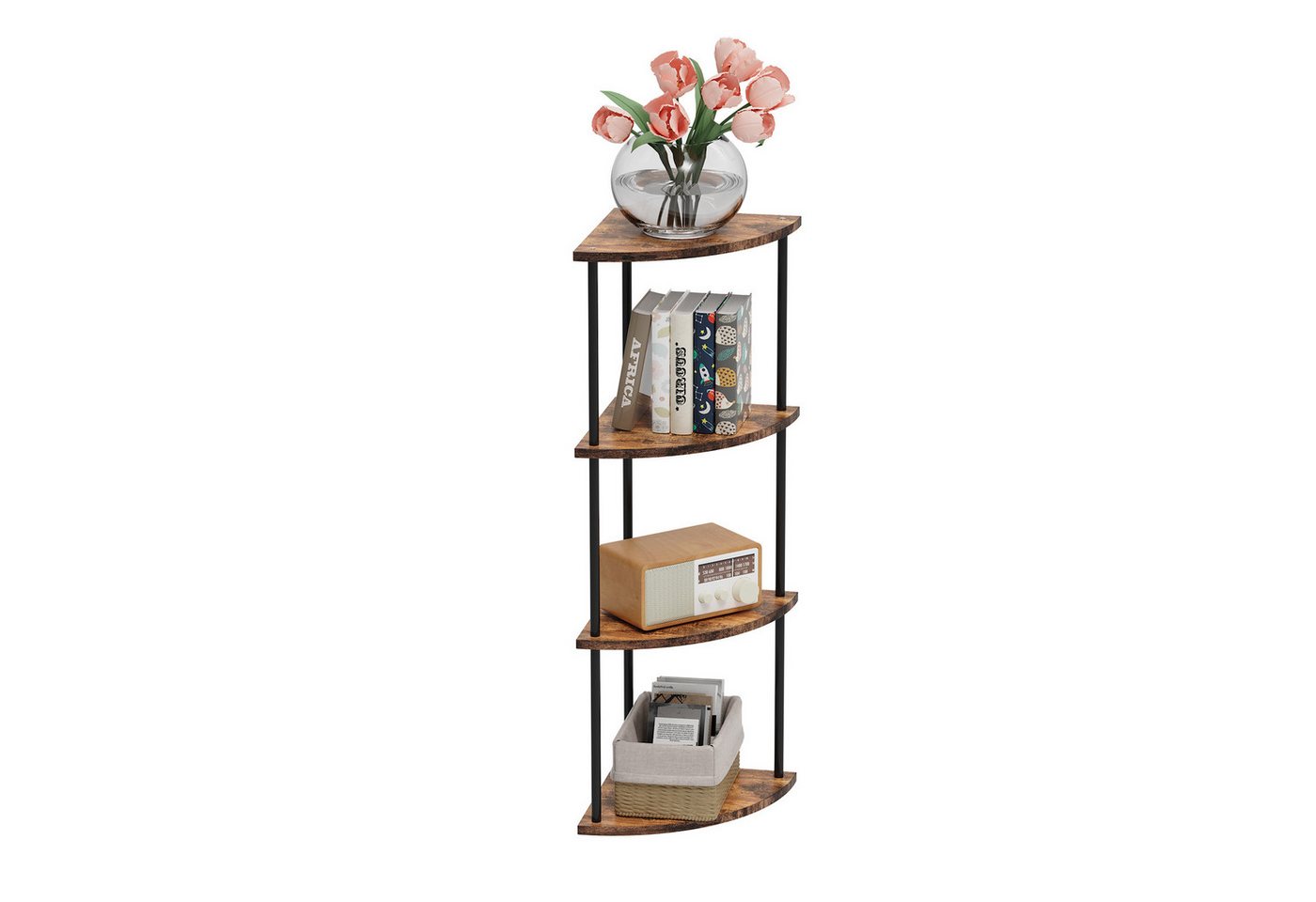 JEOBEST Eckregal Bücherregal mit 4 Ebenen, Aufbewahrungsregal, Pflanzenregal, H: 93cm, Industrial-Design, mit Stahlrahmen
