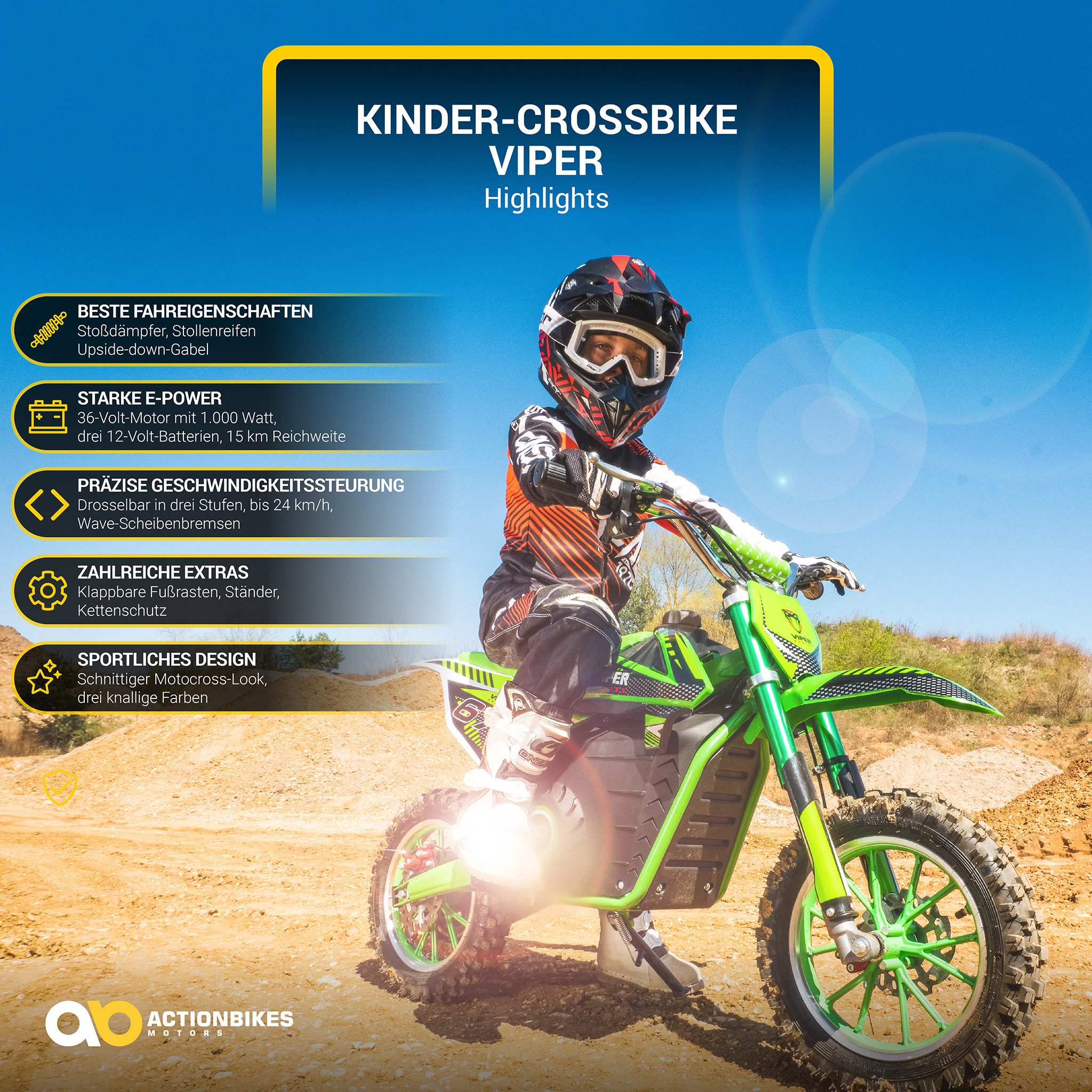 Actionbikes Motors Elektro-Kindermotorrad Kinder Crossbike Viper 1000 W Elektro - 3 Stufen - bis 24 km/h, Belastbarkeit 60 kg, (1-tlg), Crossbike