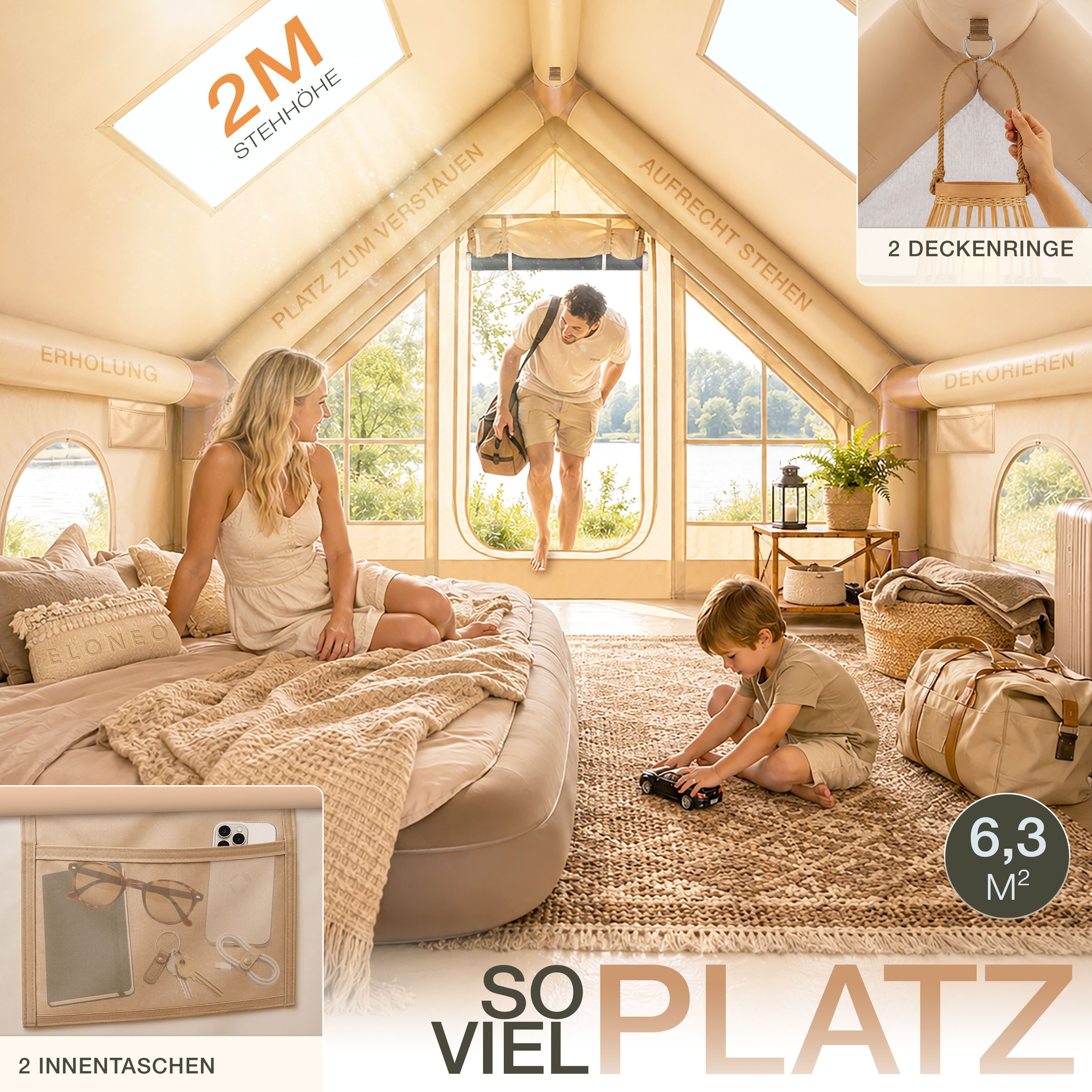 ELONEO aufblasbares Zelt ELONEO Glamping Zelt für 2-8 Personen mit Dachfenster, Personen: 8, UV-Schutz: UV50+