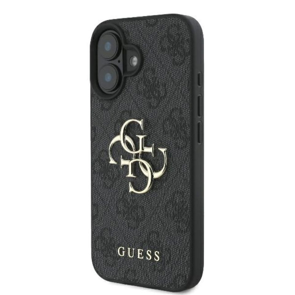 Guess Handyhülle iPhone 16 Kunstleder grau Big Logo goldfarbig 6,1 Zoll, Kantenschutz