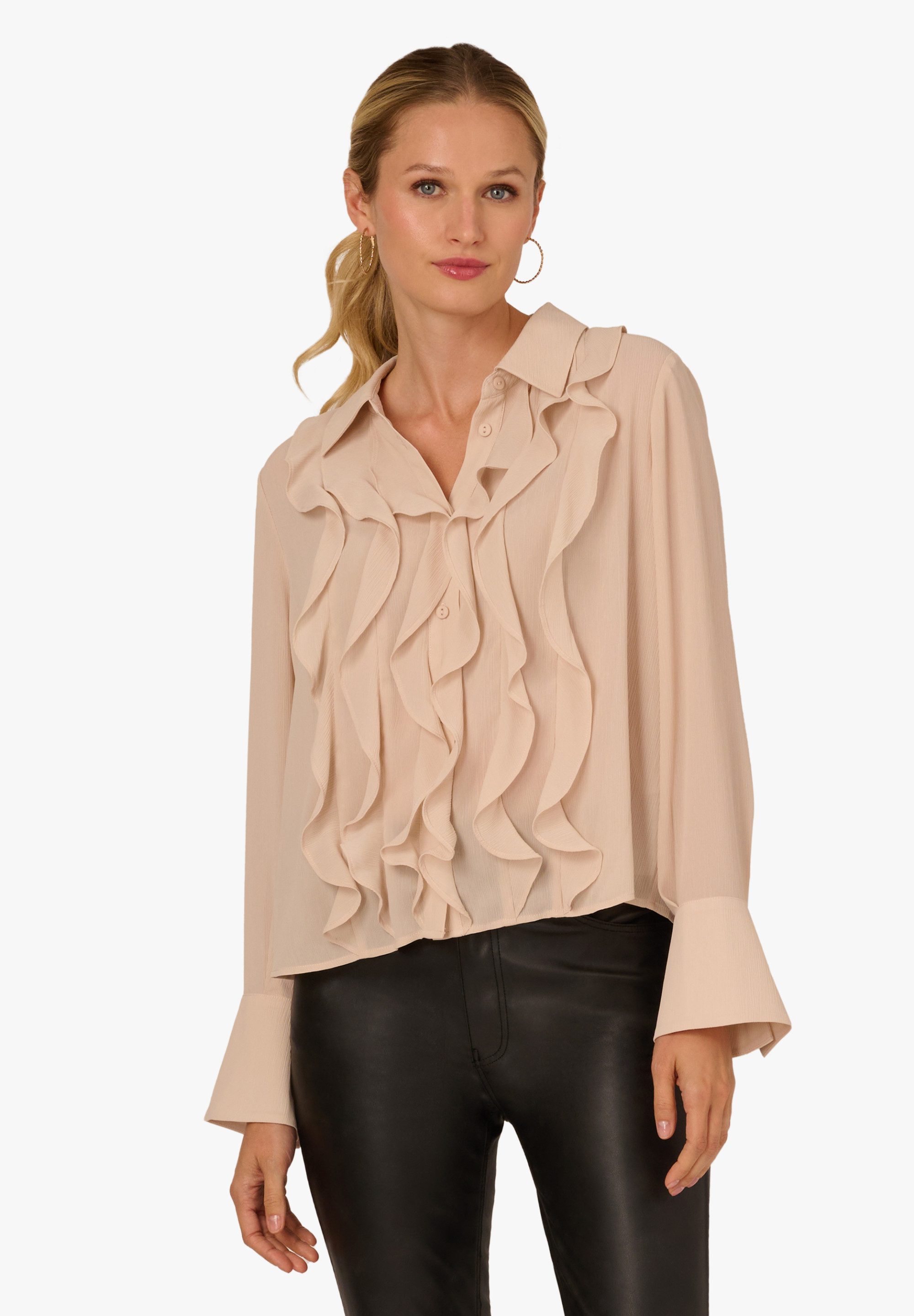Adrianna Papell Langarmbluse Long Sleeve Sheer Ruffle Front Blouse Elegant, günstig online kaufen
