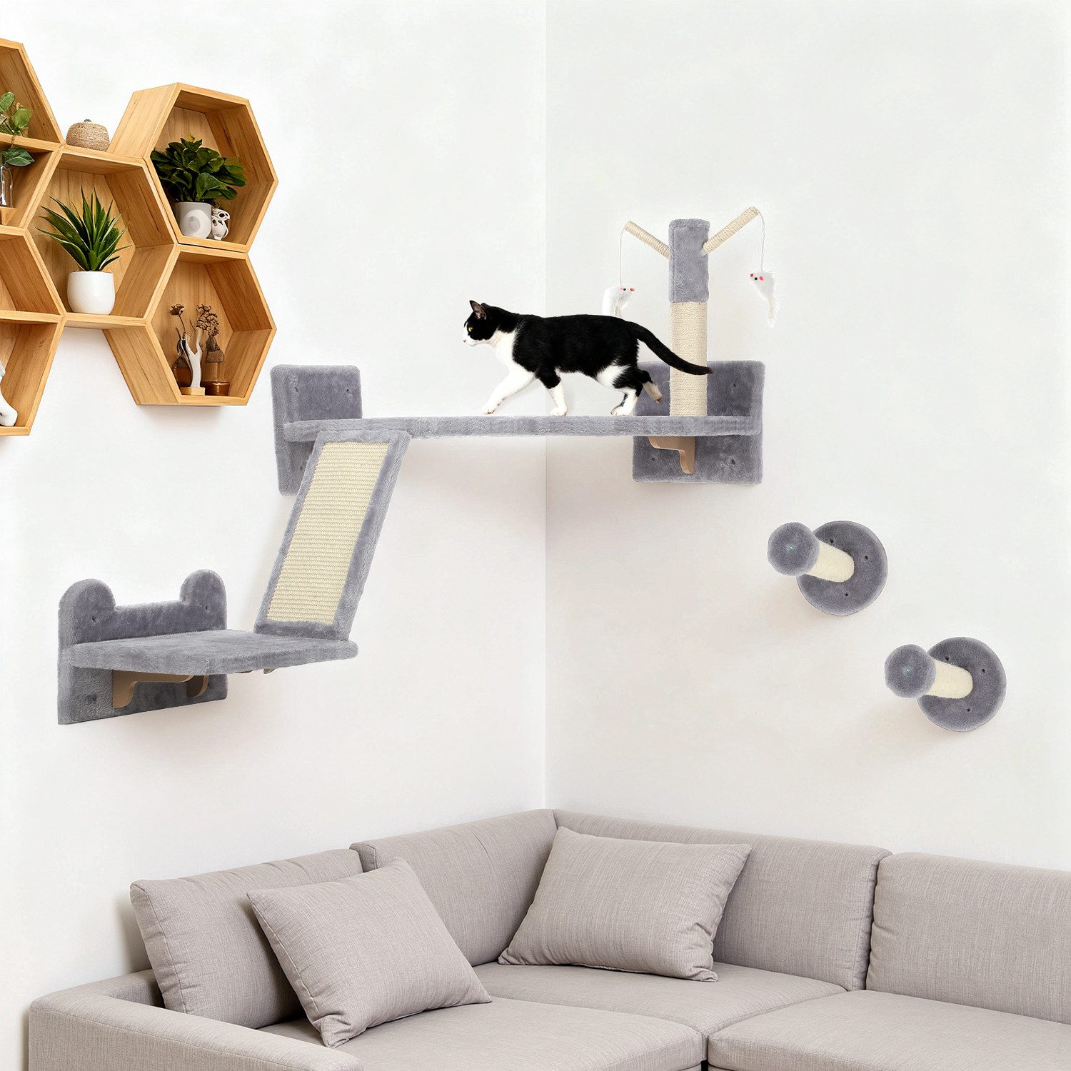 oyajia Katzen-Kletterwand 3-teilig Katzenmöbel mit Kratzbrett, Sprungplatten, Kratzstamm, für Katzen bis 5 kg, Sisal, Grau