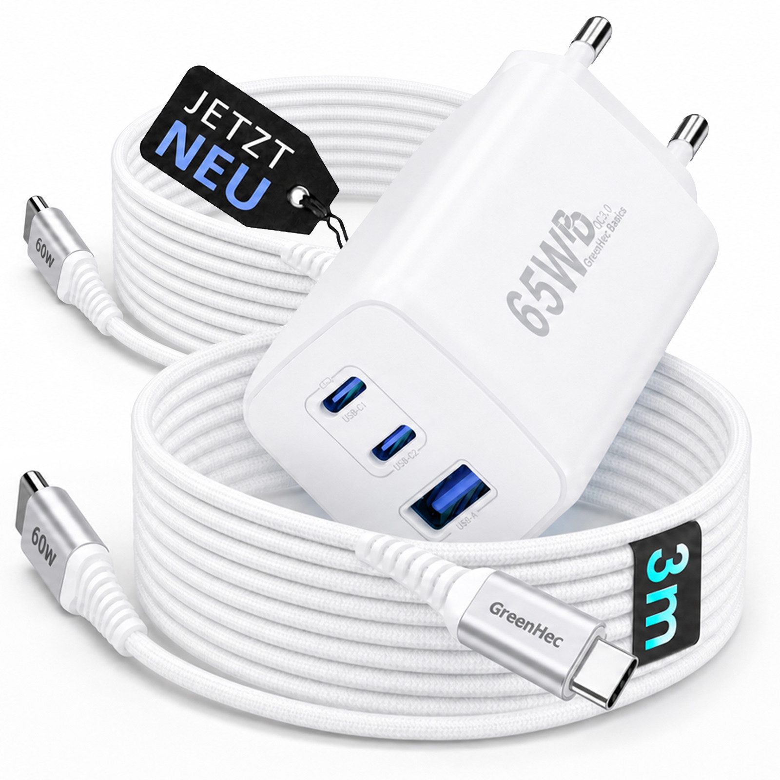 GreenHec 65w USB-C Ladegerät Mehrfach GAN Mehrfachstecker USB-A Charger Schnelllade-Gerät (50 mA, Spar-Set, Universelle Kompatibilität, 3 …