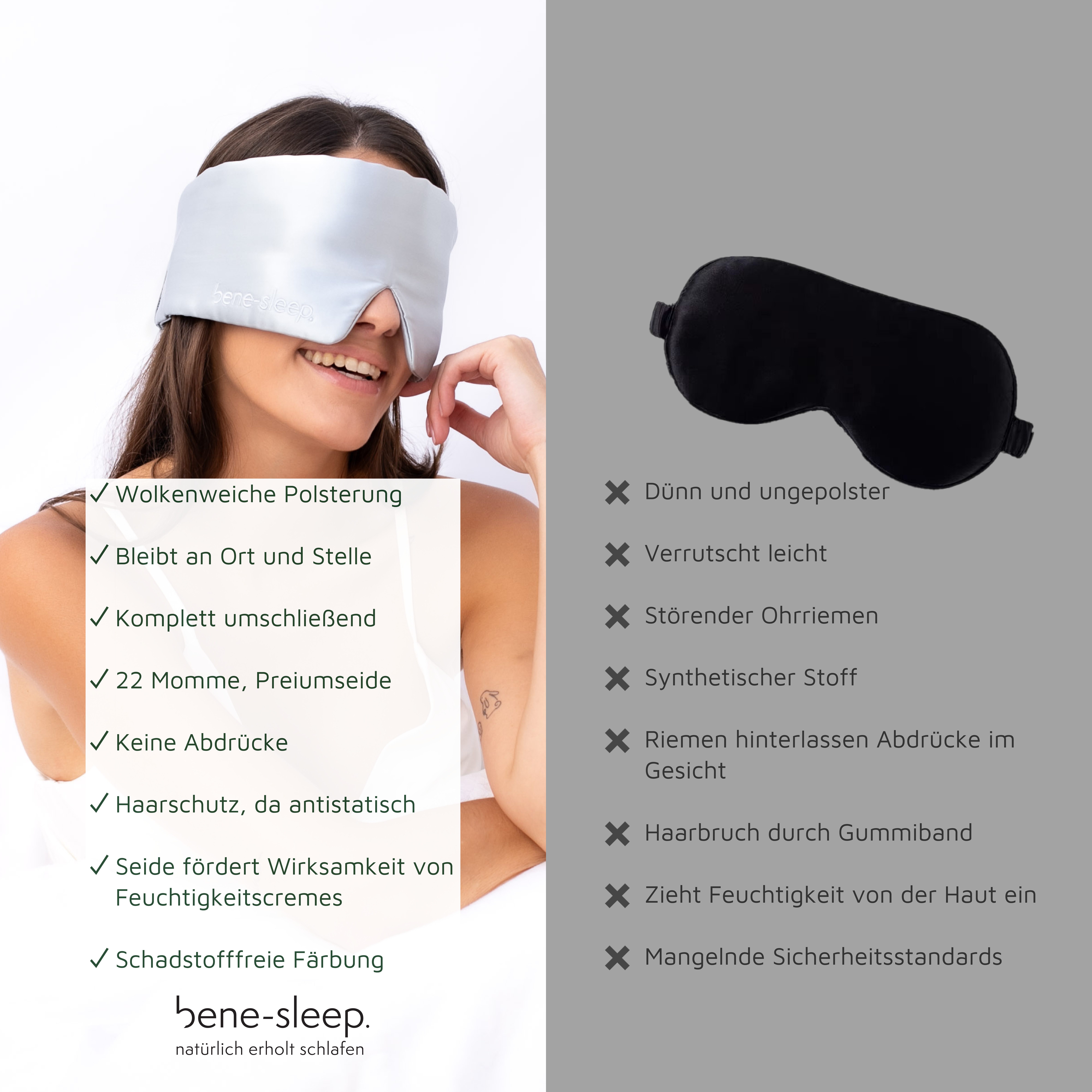 bene-sleep. Schlafmaske bene-sleep Premium Seidenschlafmaske – 100% verdunkelnd, Größenverstellbar