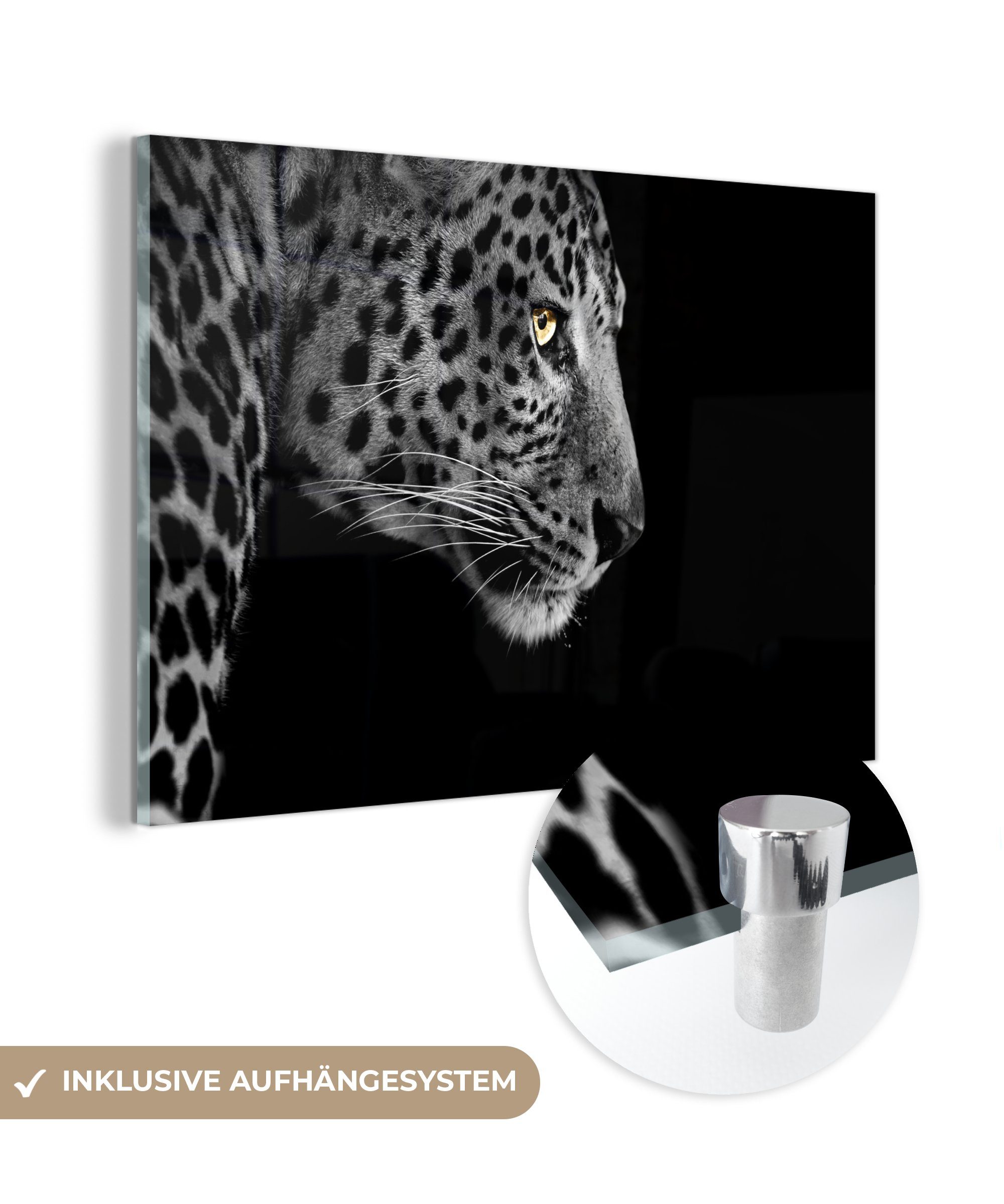 MuchoWow Acrylglasbild Leopard - Schwarz - Weiß - Pelz, (1 St), Glasbilder - Bilder auf Glas Wandbild - Foto auf Glas - Wanddekoration