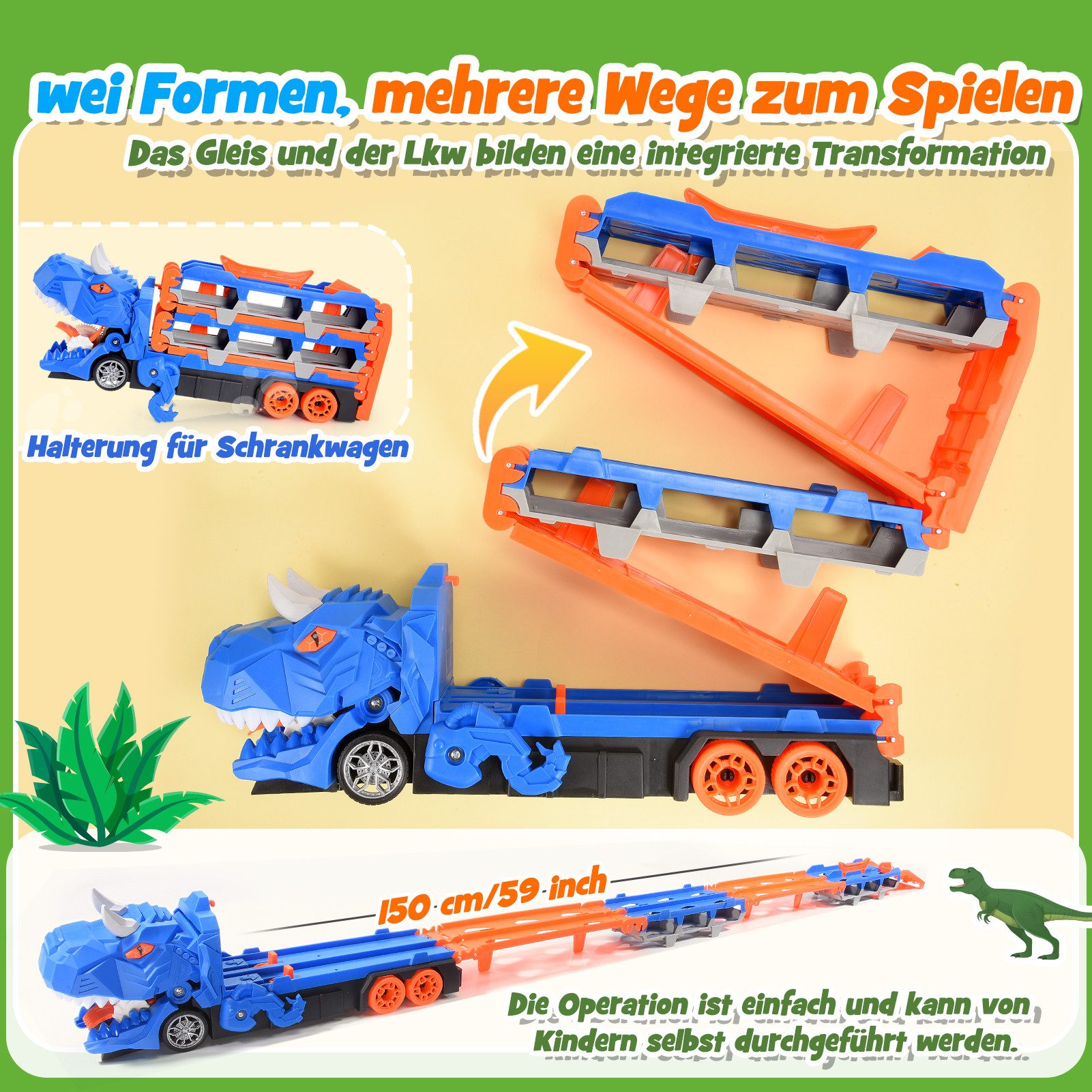 Wootoy Spielzeug-Transporter 3-in-1 Dinosaurier-Transporter mit Rennstrecke und Spielzeugautos, (Platz für bis zu 18 Spielzeugautos, 7-tlg., Komplettes Set inklusive Transporter 6 Spielzeugautos und Rennstrecke), Ausklappbare Rennstrecke mit ca. 150 cm Länge