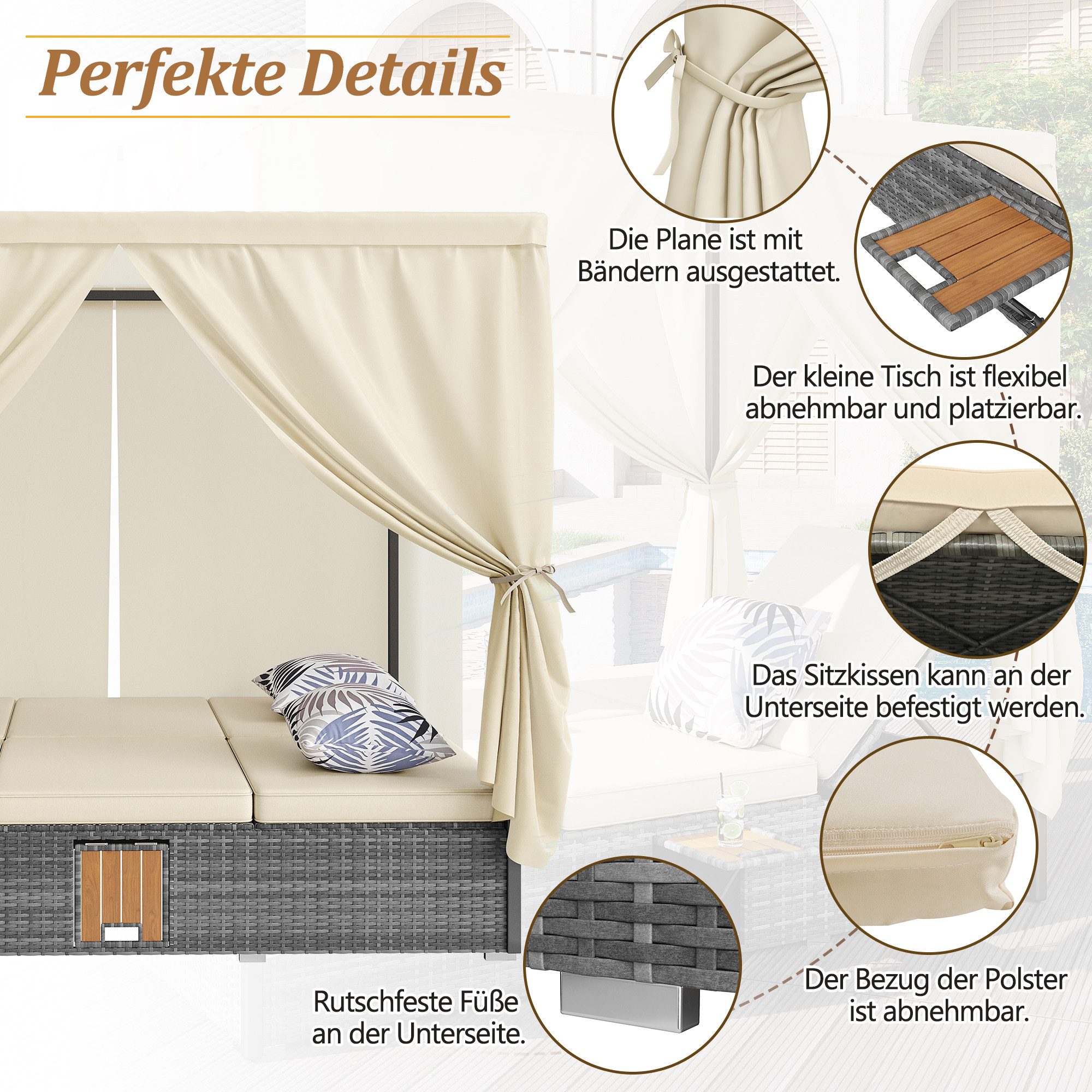Celya Gartenliege Doppelbett,Rattanliege mit Schattenvorhang und Klapptisch,Gartenmöbel, wetterfest, klappbar,6 Kissen und 2 Zierkissen, für Lounge, Balkon und Garten,Beige