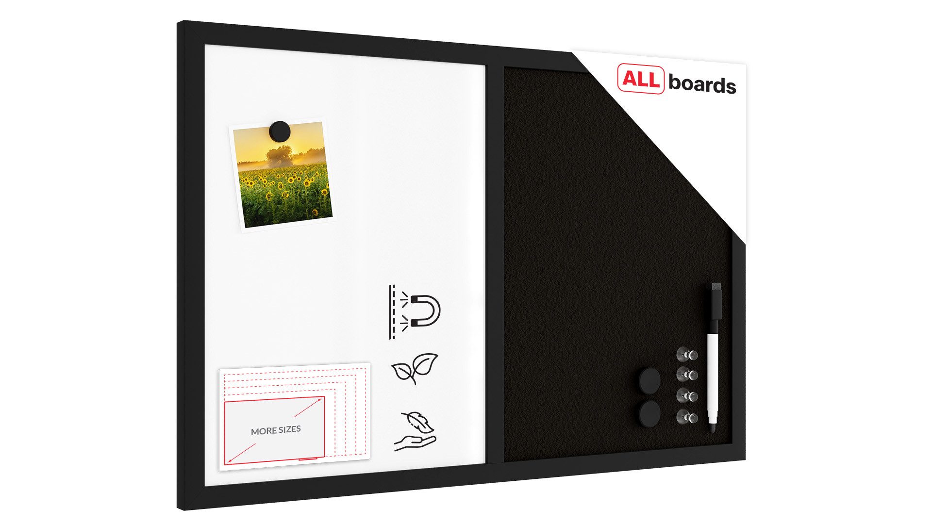 Tafel Kombitafel 2 in 1 Whiteboard und Kork mit schwarz lackietem Holzrahmen
