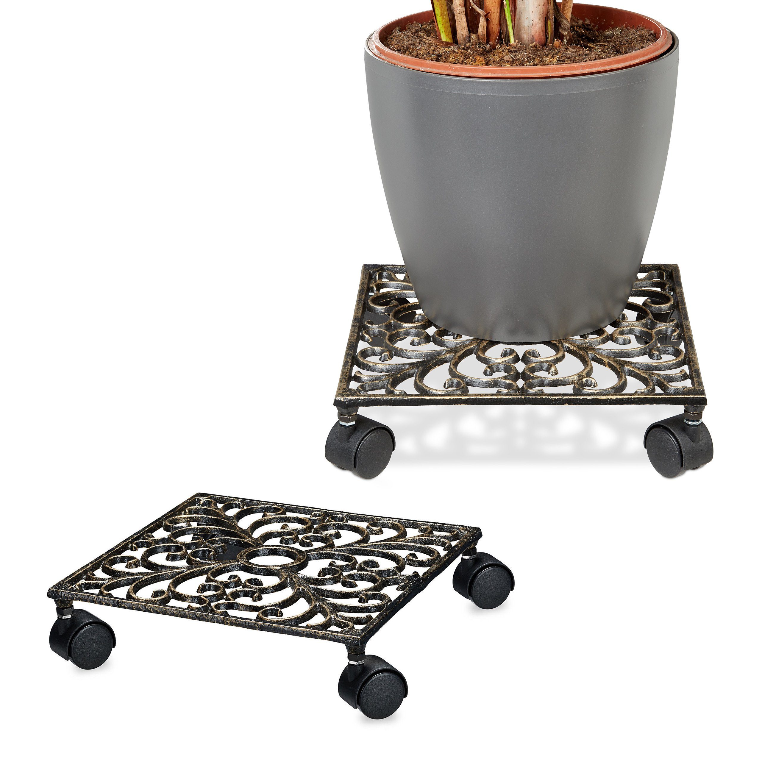 Blumentopfuntersetzer 2 x Pflanzenroller Gusseisen eckig