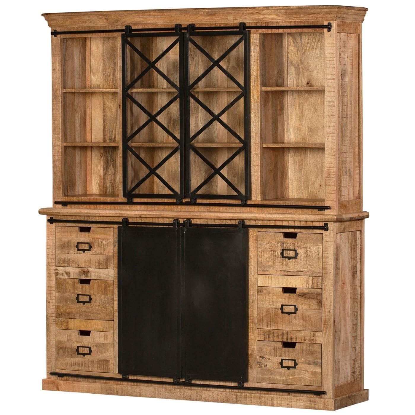baario Buffet Schrank SELCE 180cm massiv Mangoholz & Eisen Vitrine Buffet Industrial Schiebetüren