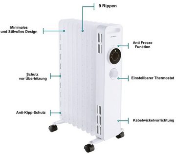 KUMTEL Ölradiator KUM-1225S inkl. TRA550 Notfall Kurbel-Radio, 2000 W, 9 Rippen Heizkörper, 3 Heizstufen, Energiesparend, Heizstrahler