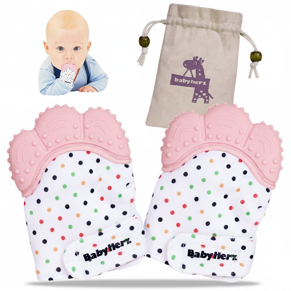 BabyHerz Beißring Baby Beißring Handschuhe Zahnungshilfe - Handschuh Zahnungsset 2 Stück, Beruhigt Zahnfleisch & schützt das Gesicht, BPA-frei mit Knisterspaß