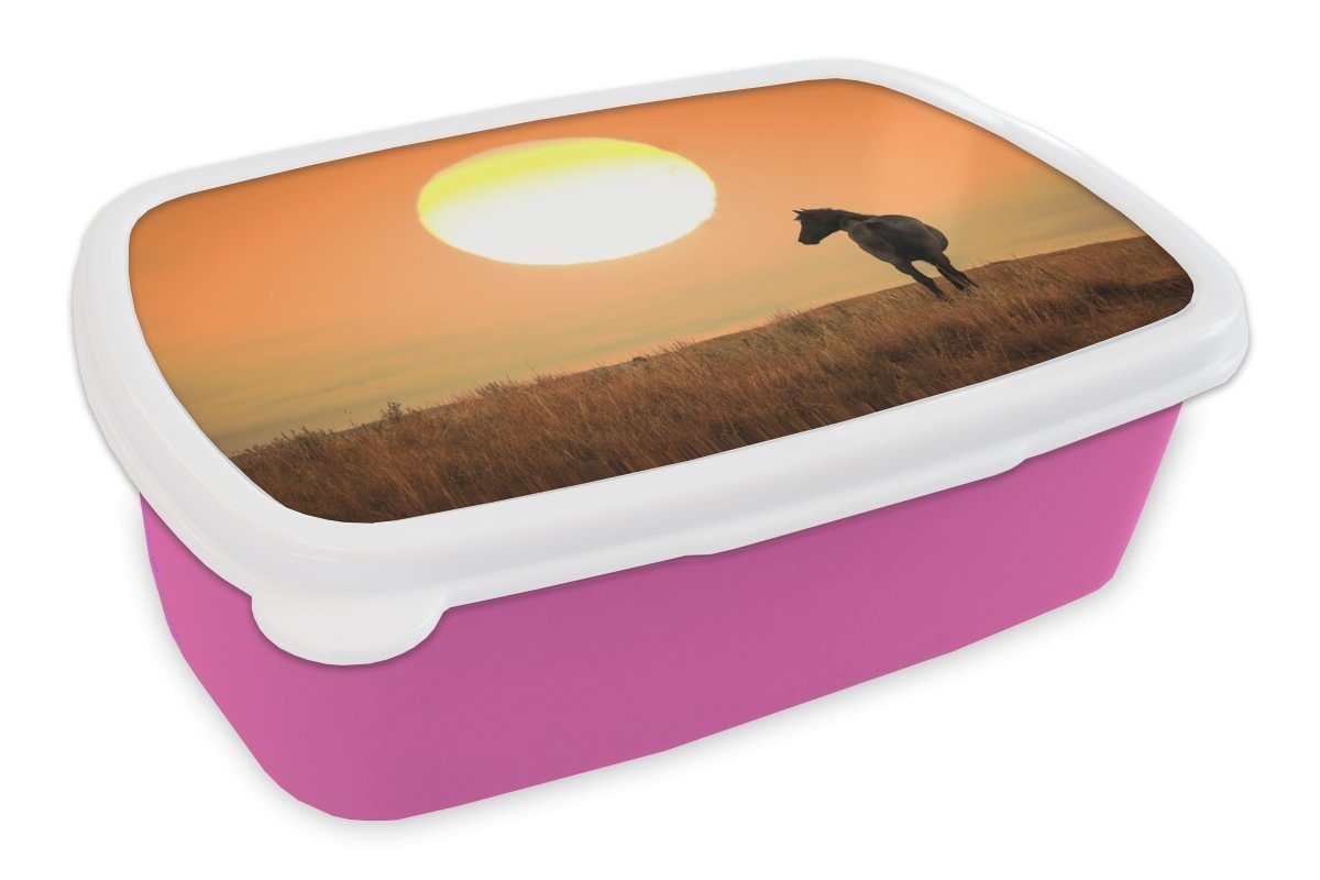 MuchoWow Lunchbox Wildpferd auf der Wiese, Kunststoff, (2-tlg), Brotbox für Erwachsene, Brotdose Kinder, Snackbox, Mädchen, Kunststoff rosa