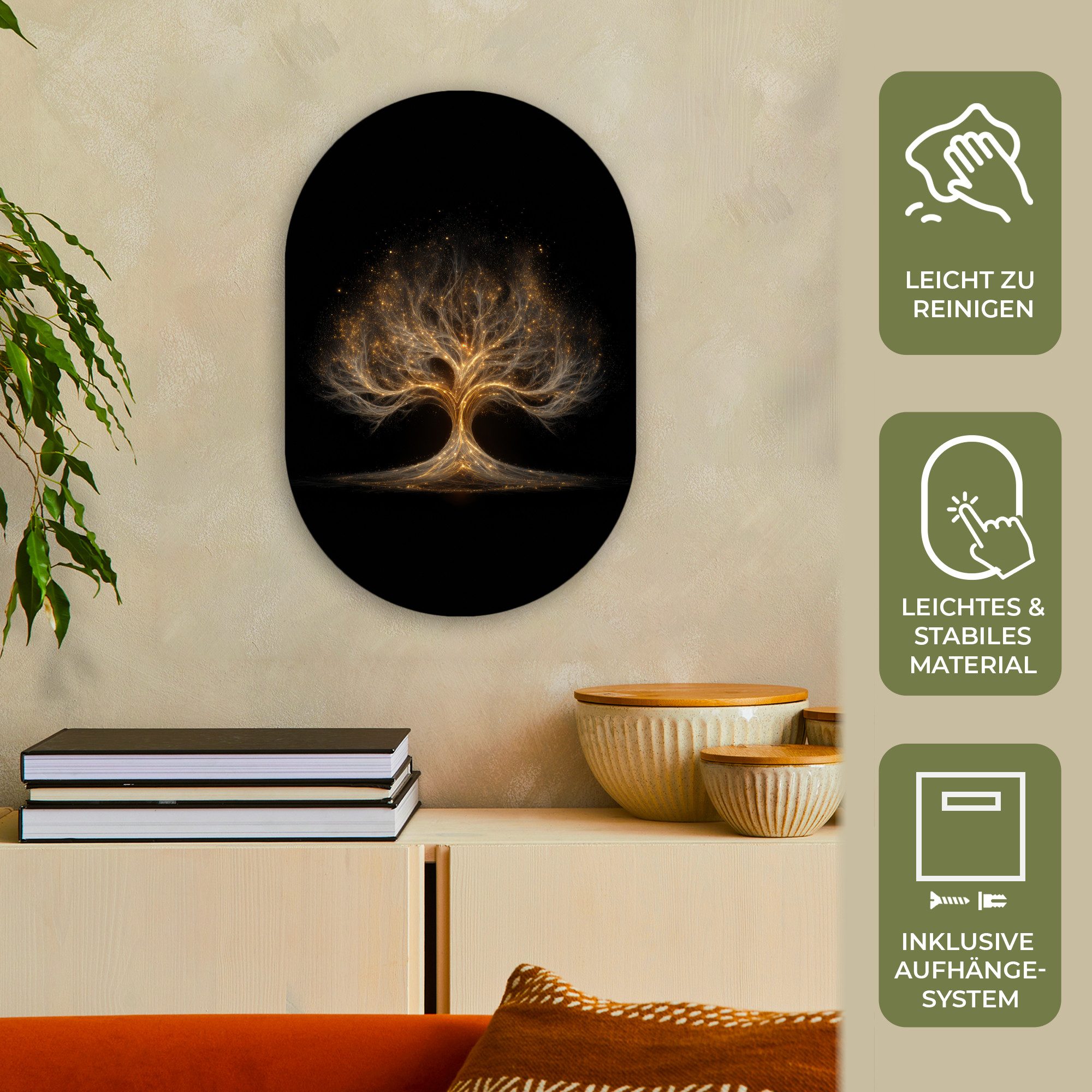 MuchoWow Gemälde Lichter - Baum - Abstrakt - Schwarz, Fotodruck (1 St), Wandbild Oval, Wohnzimmer oder Schlafzimmer Wanddekoration, 40x60 cm