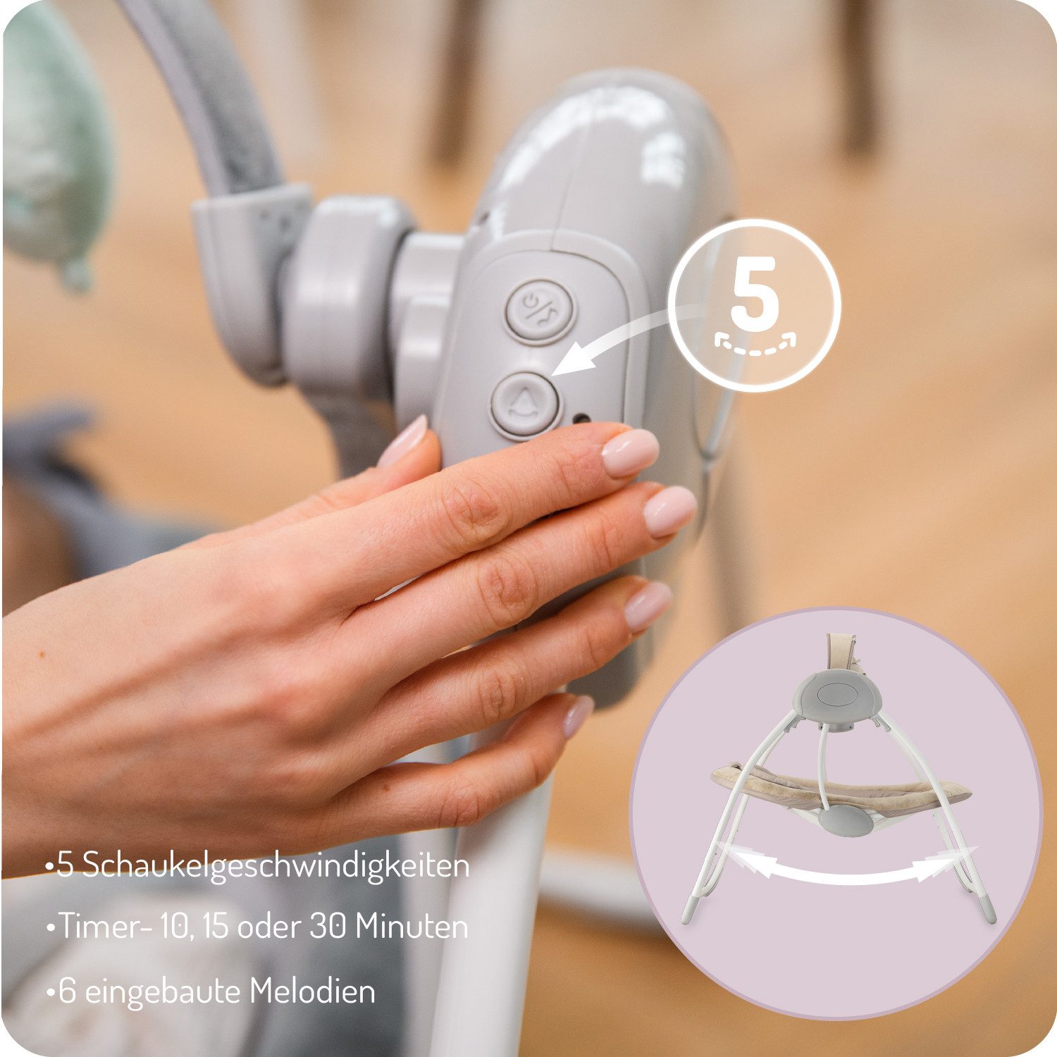 MoMi Babywippe Liss, elektrisch mit 5 Stufen, Timer und 6 Melodien